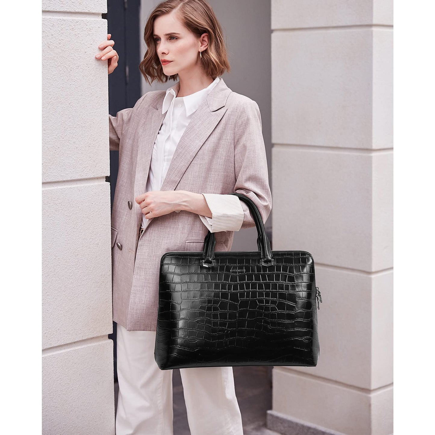 BOSTANTEN Briefcase for Women Leather 15.6 inch Laptop Shoulder Bags Office Work Crossbody Handbags Crocodile Pattern Black