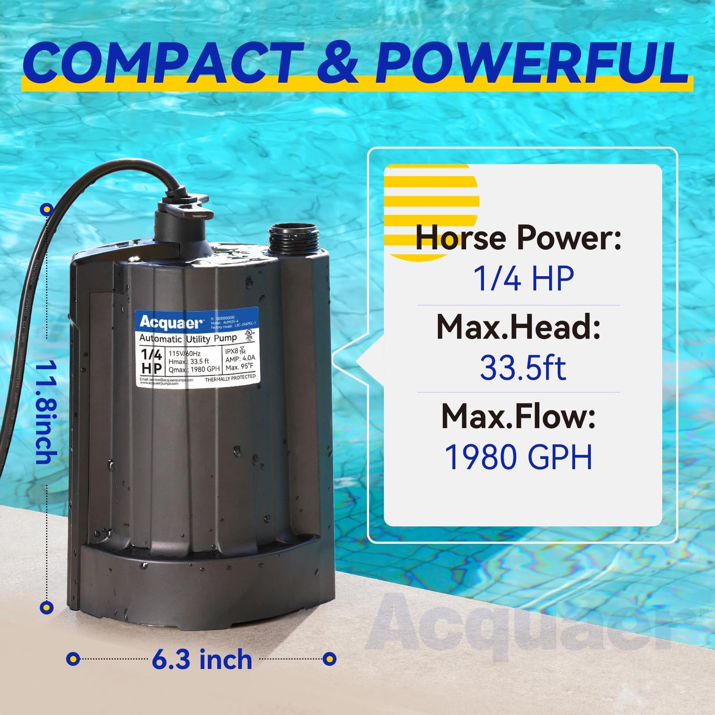 Acquaer 1/4 HP Automatic Sump Pump, 115V Submersible Water Pump with 3/4” Garden Hose Check Valve Adapter,1980 GPH High Flow Water Removal for Swimming Pool Cover Hot Tubs Flooded House Basement