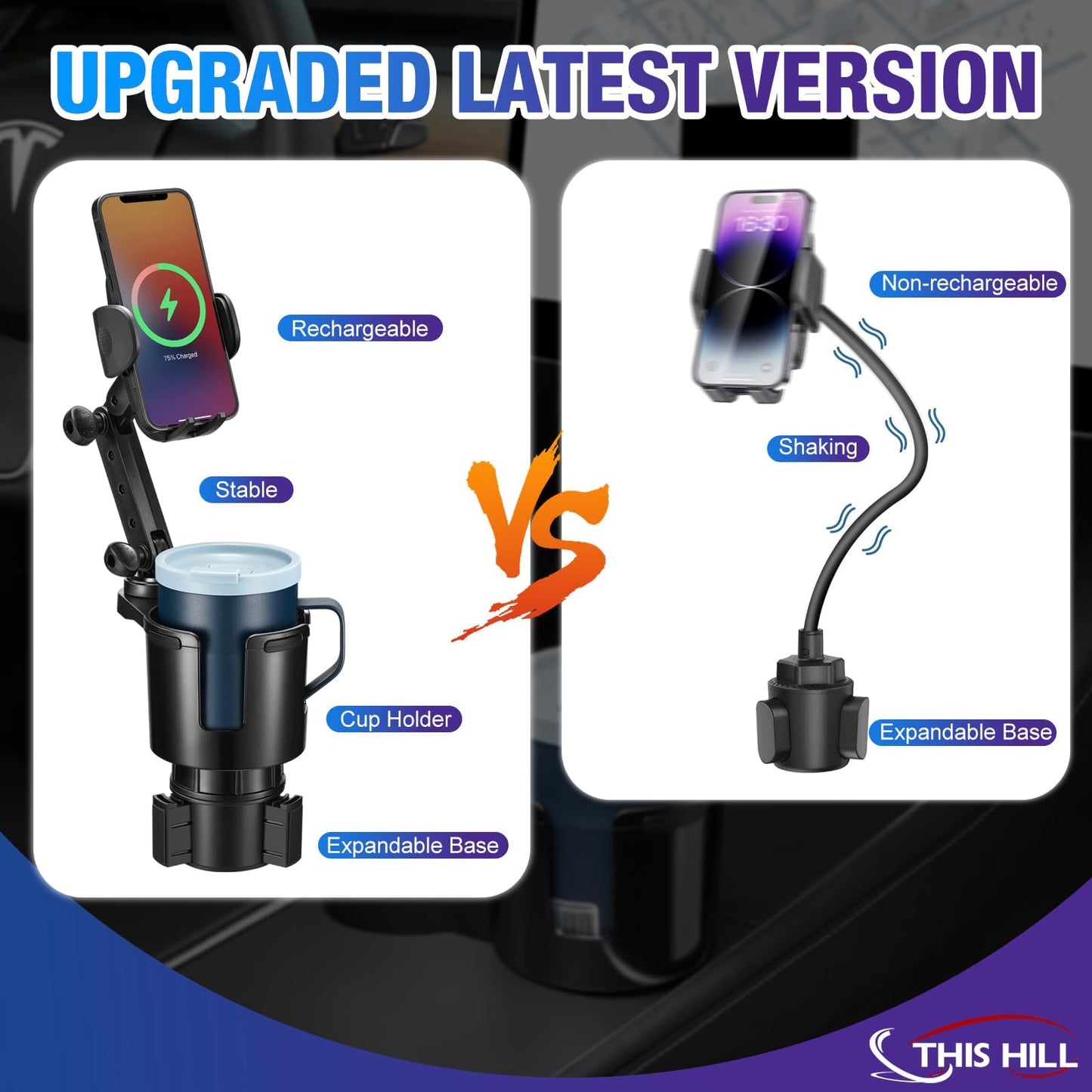 This Hill 3-in-1 Car Wireless Charger Cup Holder, Upgrade 15W Charging, Car Cup Holder Phone Mount with Adjustable Base & 360° Rotation Compatible for All Smartphones(with Car Adapter)