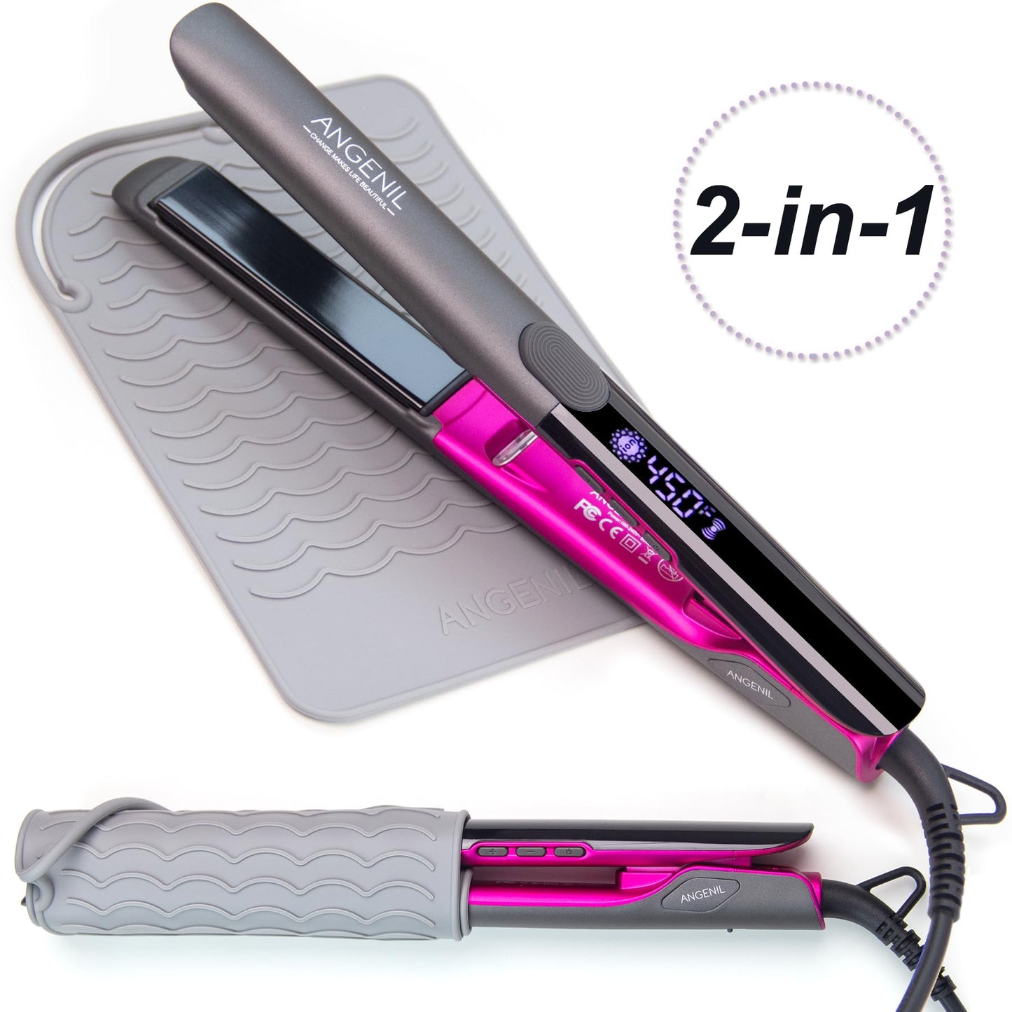 ANGENIL Professional Titanium Flat Iron Hair Straightener and Curler 2 in 1, Dual Voltage Hair Straighteners for Women, 20S Fast Heating Flat Iron 1-inch with Anti-scalding and Anti-Slip Silicone Mat