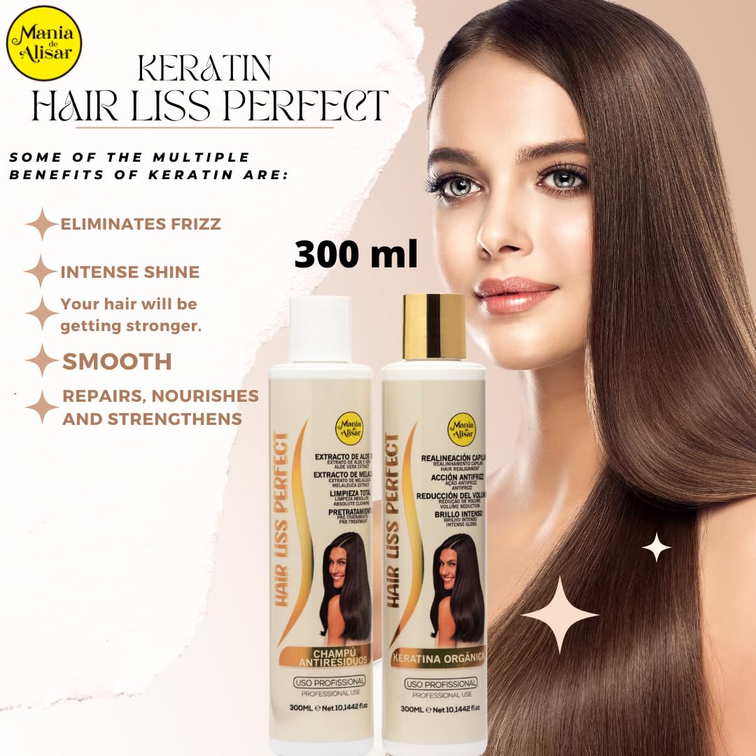 Mania de Alisar Kit Brazilian Hair Straightening Organic - Residue-Removing Shampoo and 300ml (10 oz) Hair Straightener (Pack of 2)