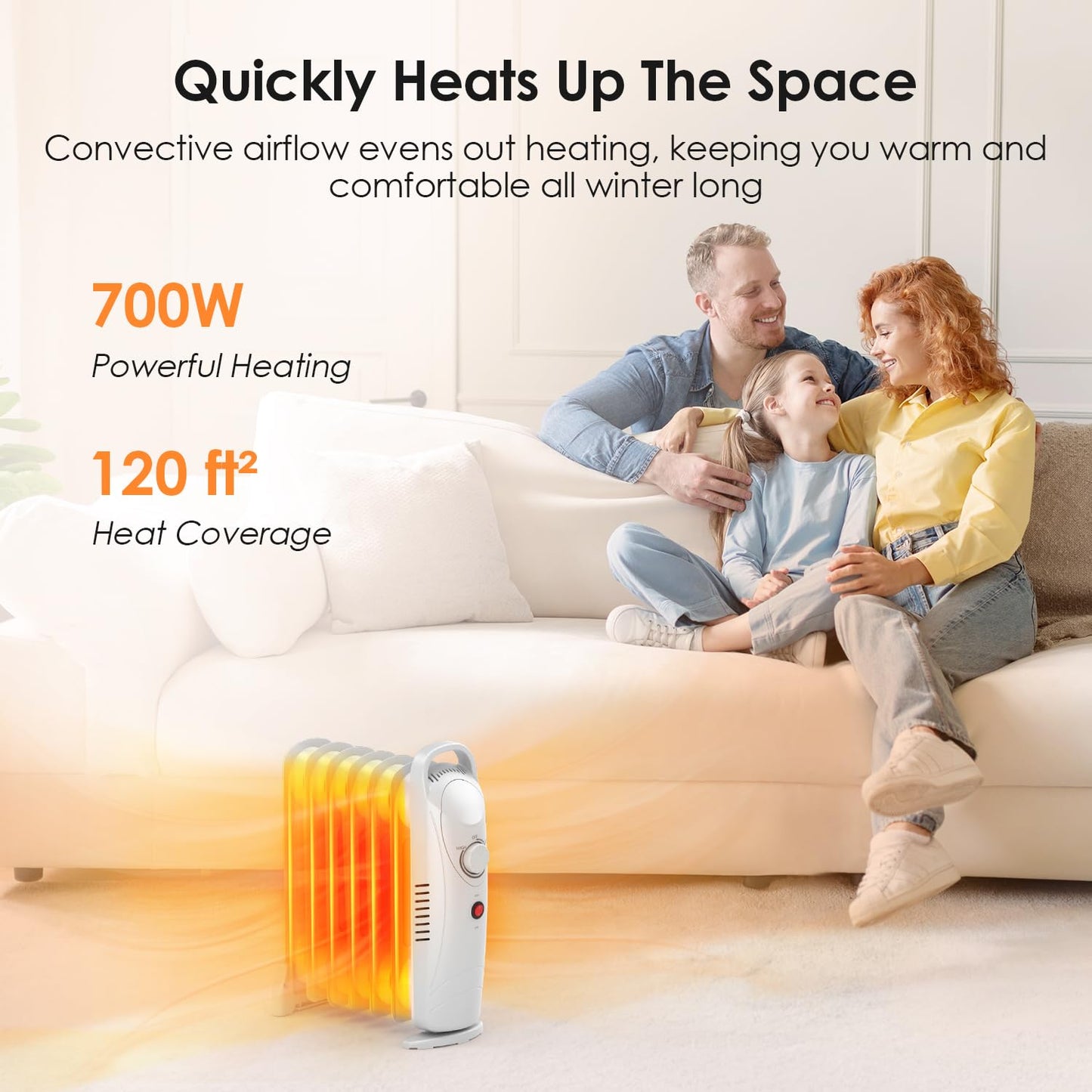 Air Choice Oil Heaters for Indoor Use, 700W Radiator Heater, Overheat Protection, Silent Operation, Adjustable Thermostat with 2 Heat Settings, Compact Electric Heater for Bedroom Office Desk, White
