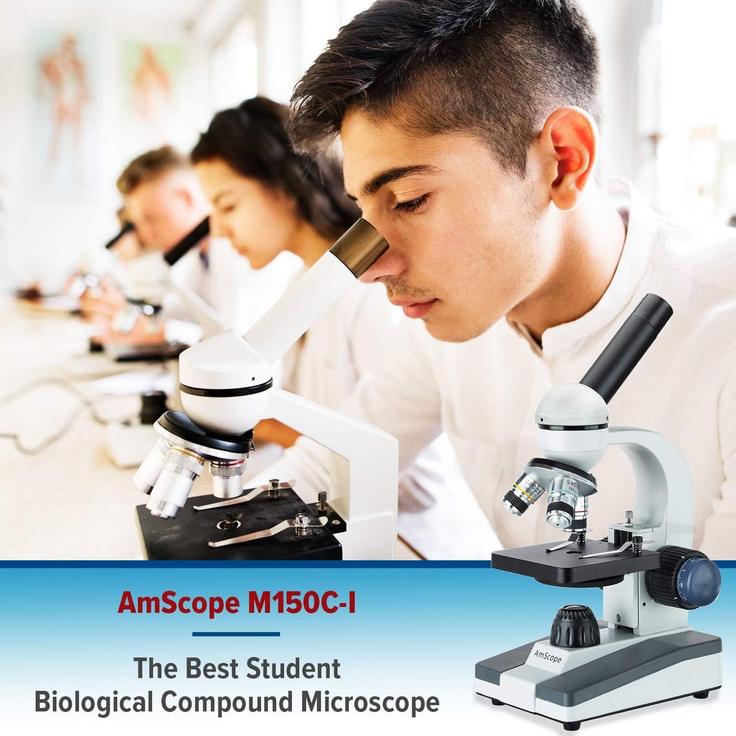 AmScope M150 Series Portable LED Monocular Student Compound Microscope - 40X-1000X Magnification - Microscope Kit Includes Dust Cover, 2 Clips & 2 Eyepieces