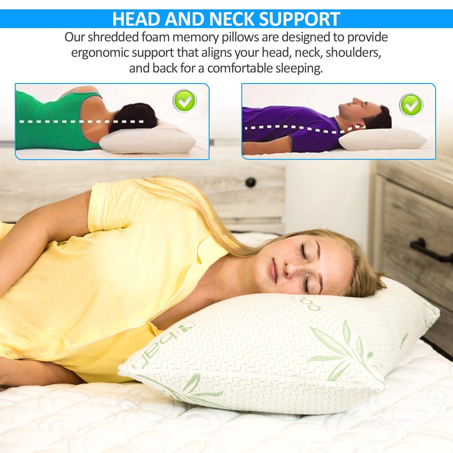 2 Pack King Size Rayon Derived from Bamboo Pillow, Cooling Shredded Memory Foam Bed Pillows Sets for Back, Stomach, Side Sleepers, Adjustable to Soft / Firm, Washable Cover, King (Pack of 2)