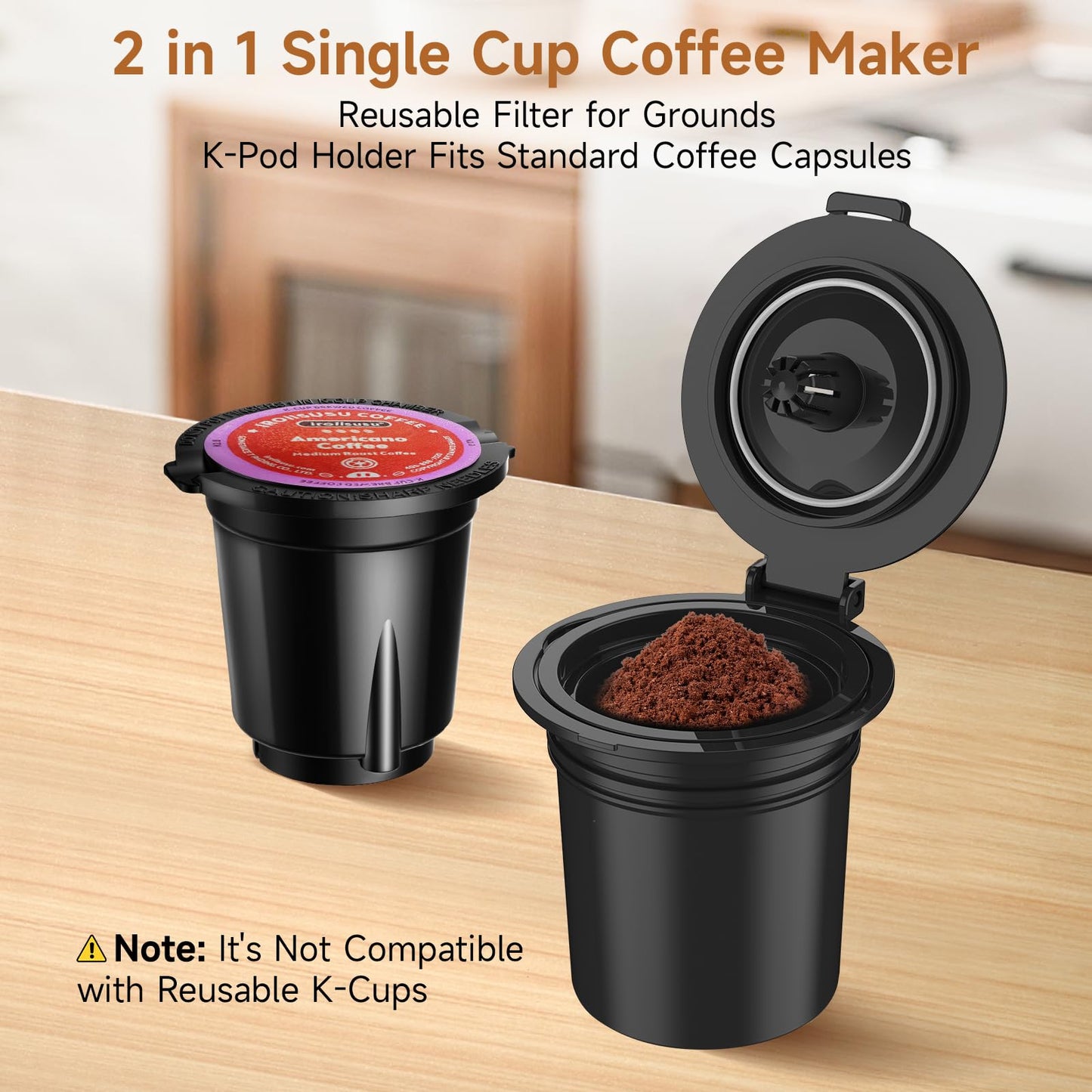 Horavie Small Single Serve Coffee Maker, Fast Brew One Cup Coffee Machine for K Cup and Grounds, 6 to 12 oz. Brew Sizes, Capsule Coffee Machine with Descaling Reminder and Viewing Tank, Black