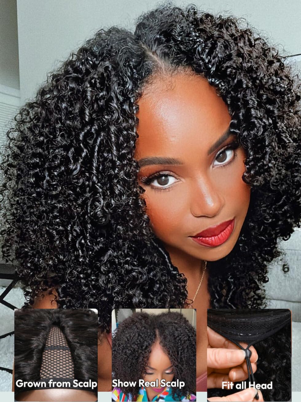 UNICE EasiContour Kinky Curly V Part Wigs Human Hair Minimal Leave Out Brazilian Glueless U Part Human Hair Wig Beginner Friendly No Sew in No Glue 150% Density 18 inches