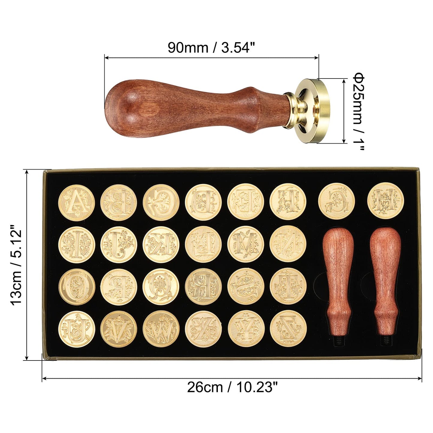 PATIKIL Alphabet Wax Seal Stamp Kit, 26 Letters A-Z Sealing Wax Stamp with 2pcs Wooden Handles, Gift Box Letter Initial Brass Head Vintage