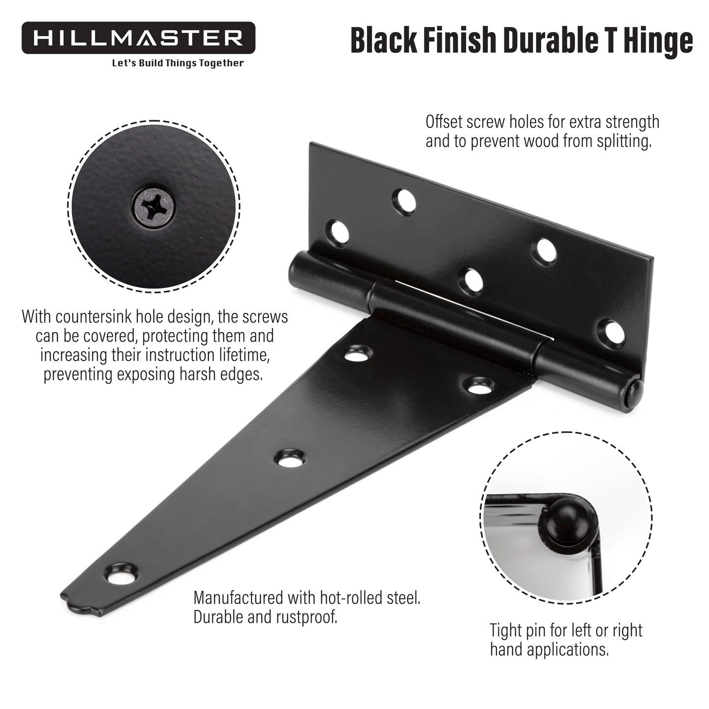 HILLMASTER 8 Inch T-Strap Heavy Duty Shed Door Hinges Gate Strap Hinges Black Tee Hinge Wrought Hardware for Wooden Fences,Yard,Barn Door,Rustproof (6 Pack)