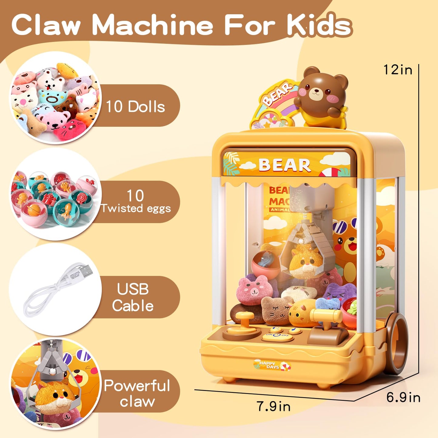 AIQI Bear Kids Claw Machine, Mini Candy Vending Grabber, Prize Dispenser Toys for Girls and Boys, Electronic Claw Game Machine for Party Birthdays with Lights Sound, Includes 10 Plush and 10 Mini Toys