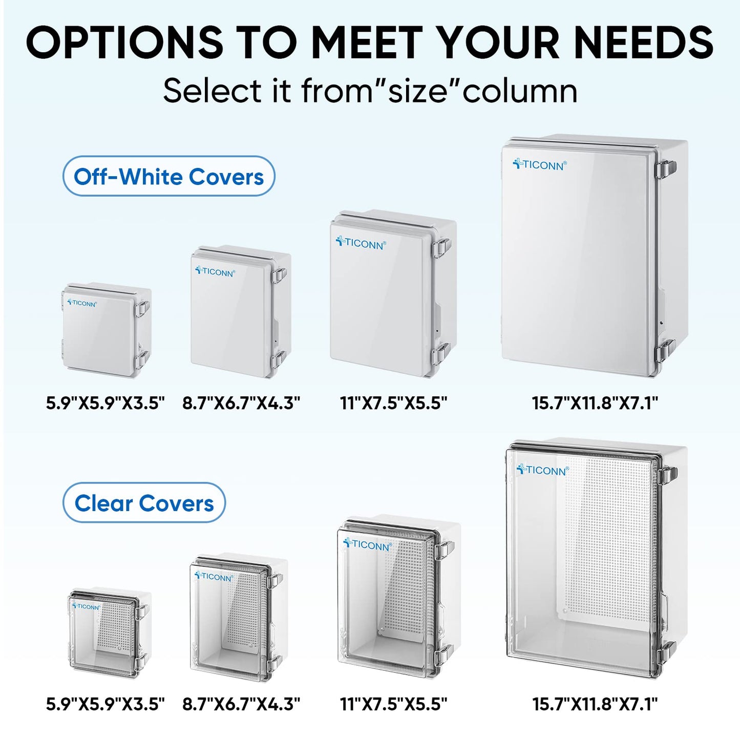 TICONN Waterproof Electrical Junction Box IP67 ABS Plastic Enclosure with Hinged Cover with Mounting Plate, Wall Brackets, Cable Glands (Clear, 11"x7.5"x5.5")