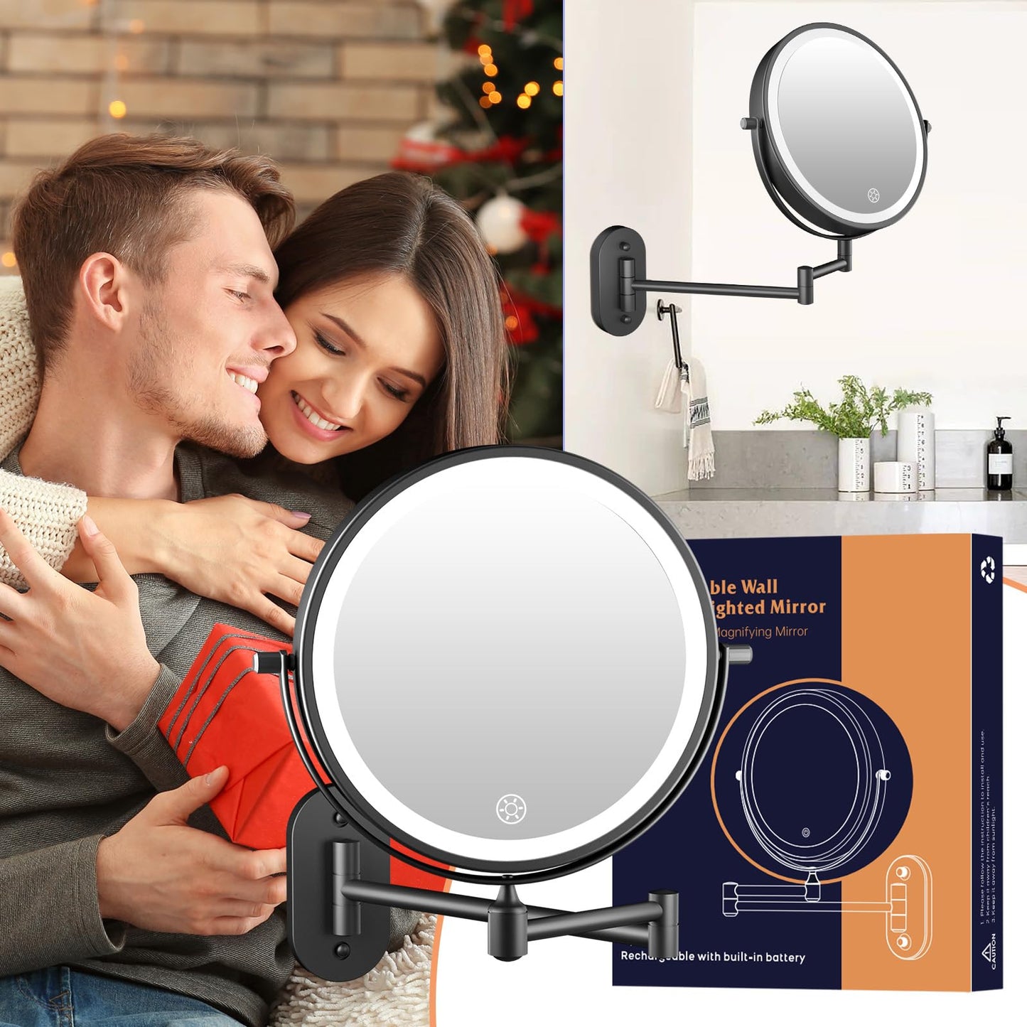 FUNTOUCH 5000mAh Rechargeable Wall Mounted Lighted Makeup Vanity Mirror, Double Sided 1X 30X Magnifying, 3 Color Lighting, Touch Dimming, Extended Arm 360 Rotation Light up Bathroom Mirror Black