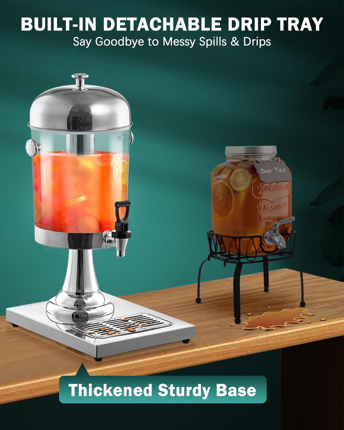 2 Gallon Beverage Dispenser with Stand, Easy-to-Clean Drip Tray Design, Juice Dispenser with Ice Core, Hot & Cold Versatile Stainless Steel Drink Dispensers for Parties Home Lemonade, Clear