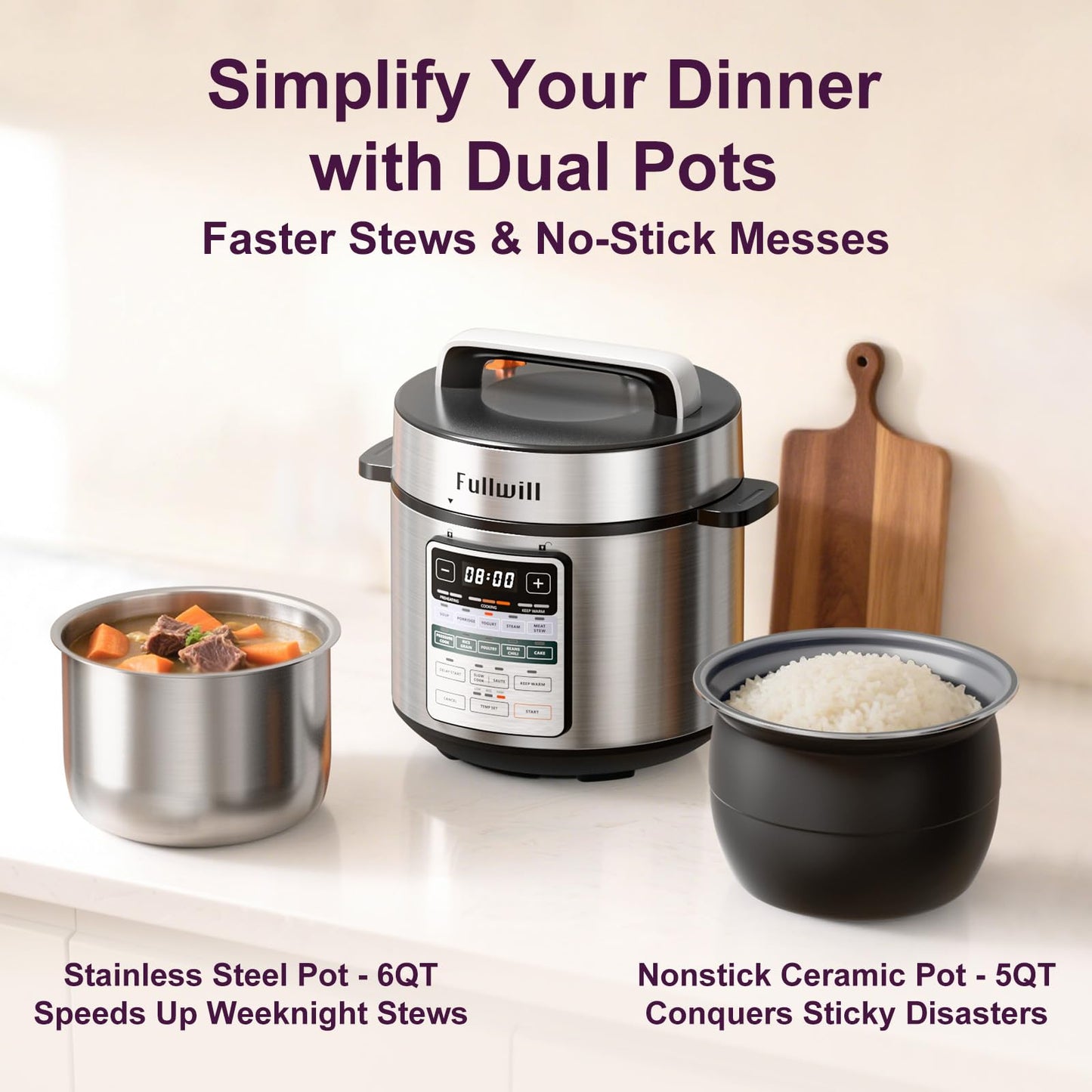 Fullwill Dual-Pot Electric Pressure Cooker 6+5QT(2026 Upgraded), 12-in-1 Multi-Cooker for Pressure Cooking, Soup, Yogurt, Stew, Rice