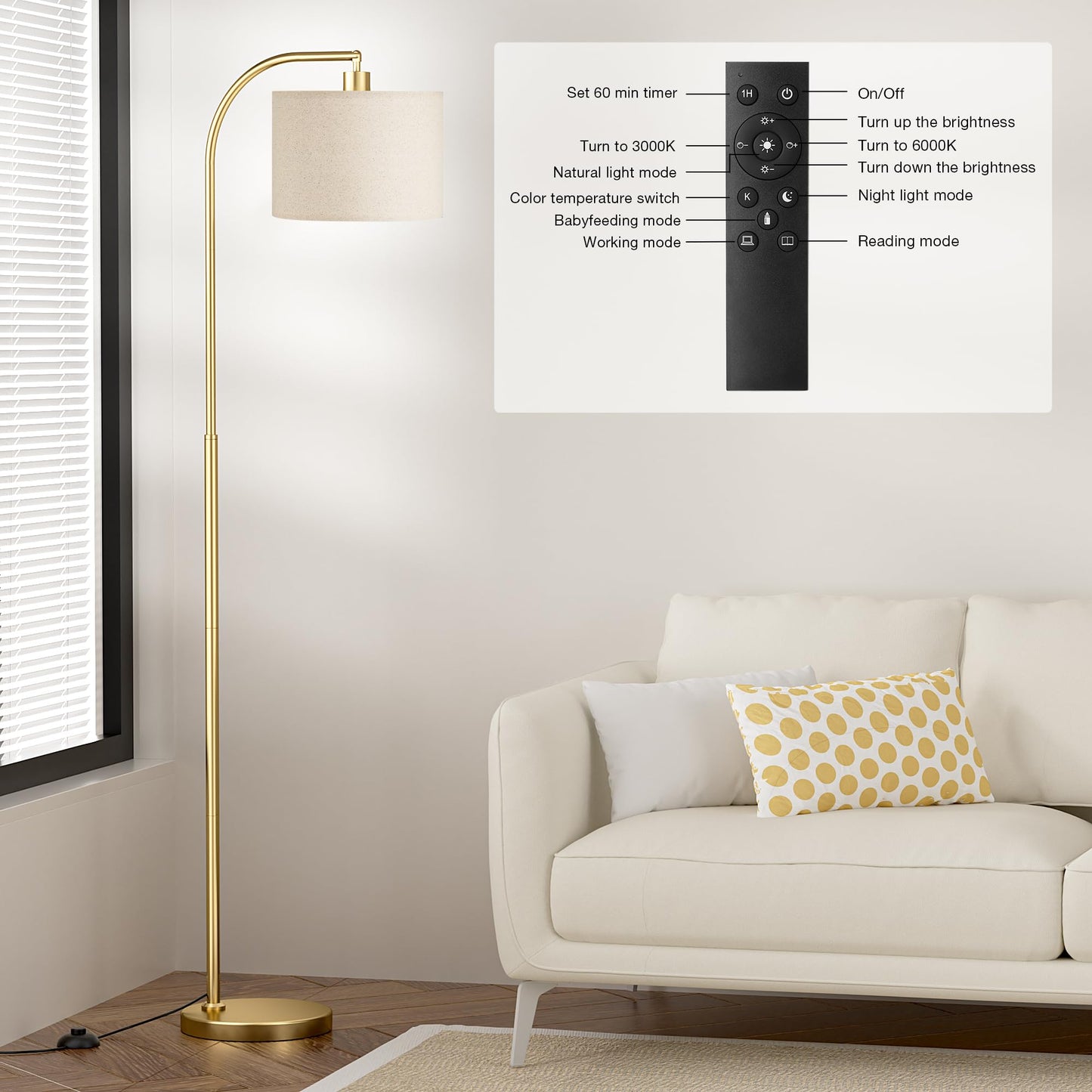 Arc Floor Lamp with Remote and Stepless Dimmable Bulb, Colors Temperature & Brightness Adjustable, Gold Floor Lamps for Living Room(Deep Beige Shade & Gold Pole)