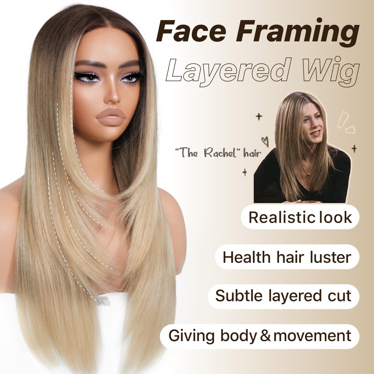 BrownBomb Ombre Blonde Wear and Go Glueless Wigs Pre Plucked Pre Cut for Beginners Synthetic Lace Front Wigs With Bangs Blonde Long Layered Straight Wigs 26 Inch 3 Seconds to Wear for Beginners