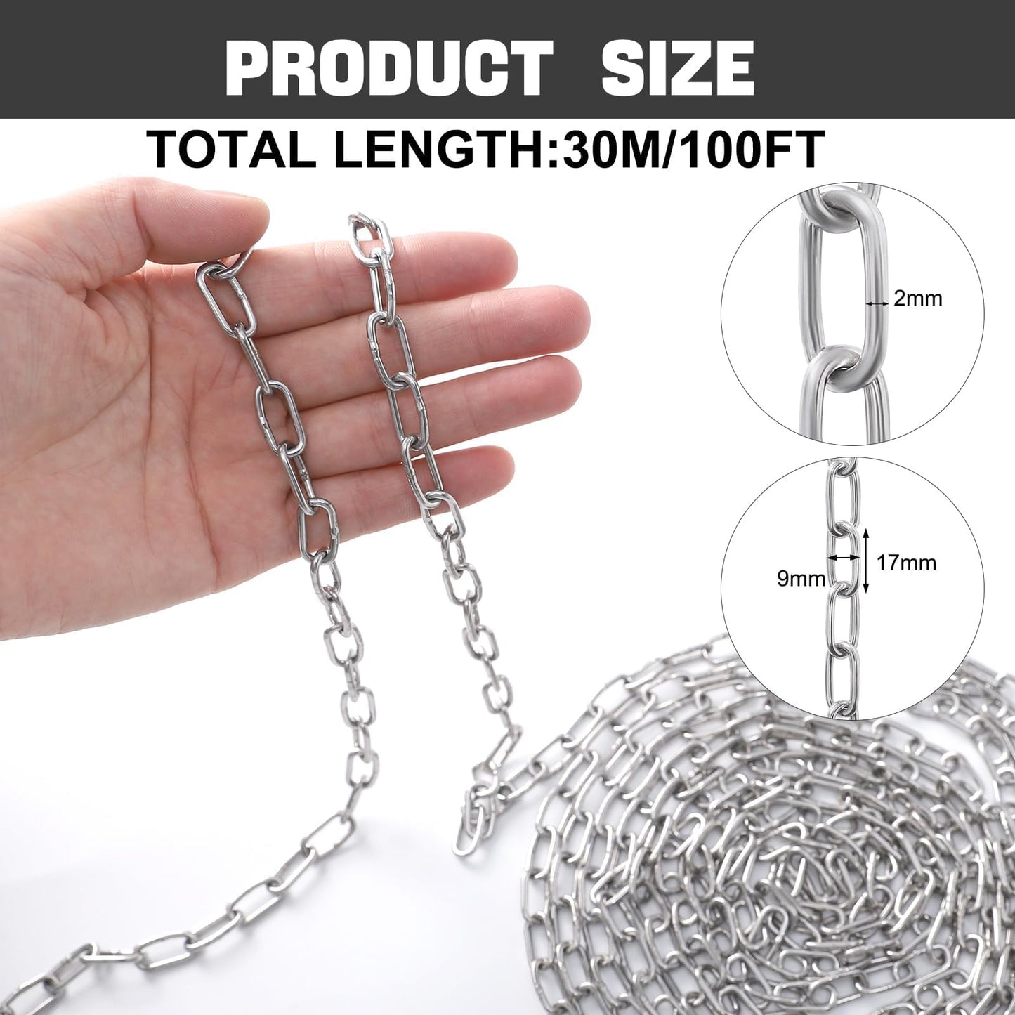 100 ft 1/12" Stainless Steel Hanging Chain Metal Chain Link Light Duty Chain Utility Chain Jack Chain for Home Outdoor Camping Hanging (2mm*30m)