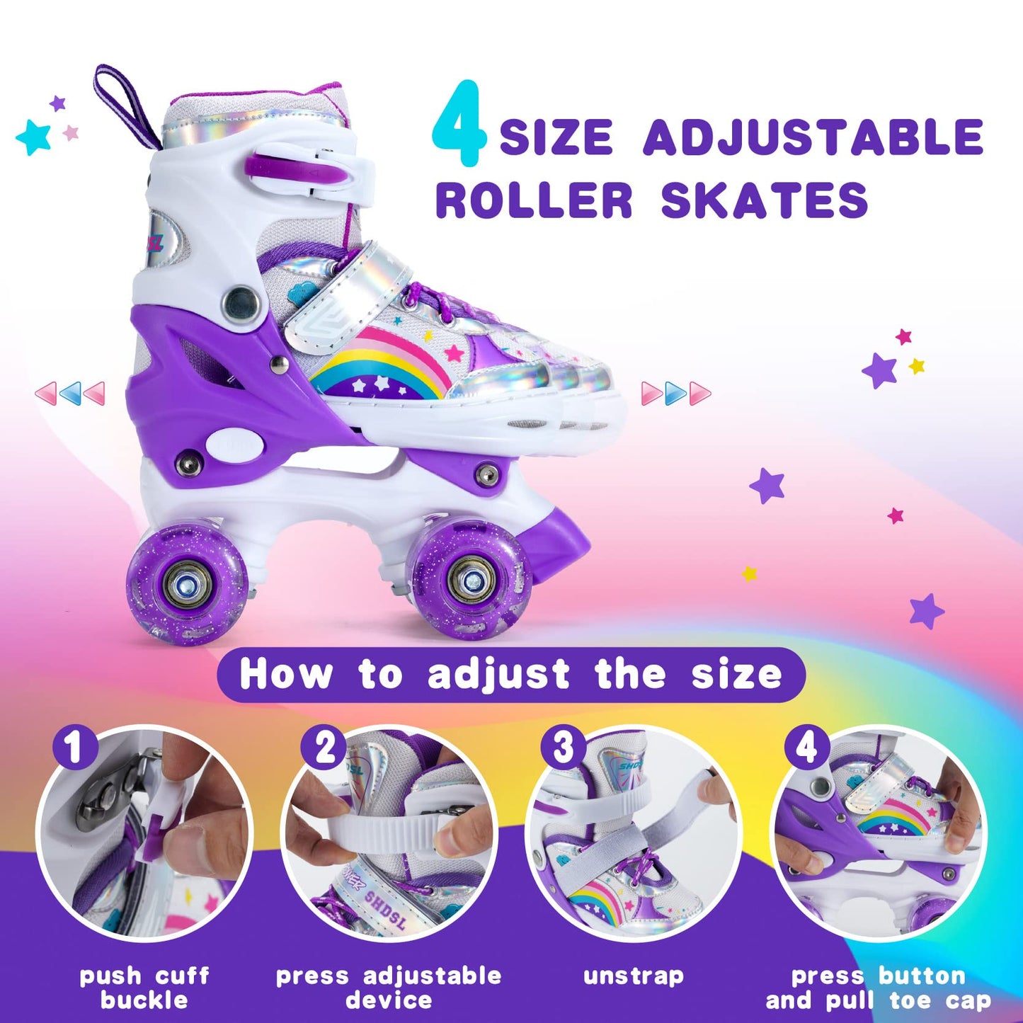 SHDSL Girls Roller Skates for Kids Beginners, Adjustable Roller Skates with All Light Up Wheels, Roller Skate for Girls Shine Fun Illuminating Roller Skate for Boys Beginners patines para niñas