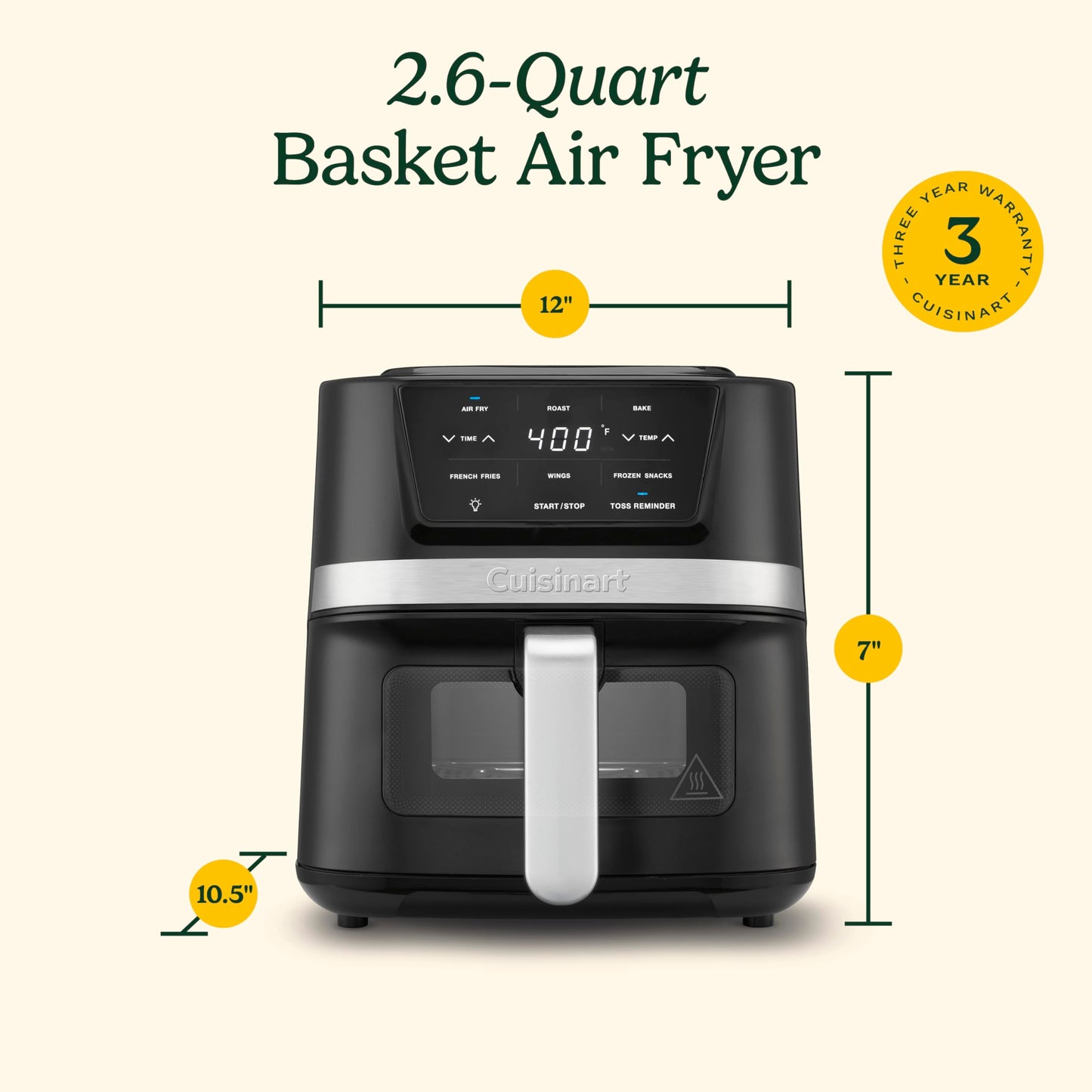 Cuisinart Air Fryer, 2.6-Quart Compact Basket Fryer with 3 Cooking Functions to Air Fry, Roast, and Bake, 3 Airfryer Presets, Dishwasher-Safe Parts, AIR-80, Stainless Steel & Black