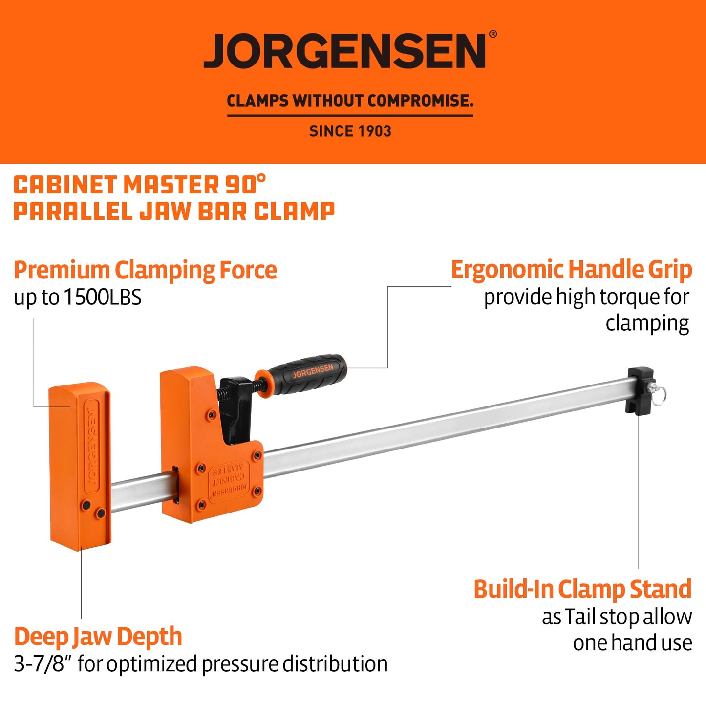 JORGENSEN 24-inch Bar Clamps, 90°Cabinet Master Parallel Jaw Bar Clamp Set, 2-pack