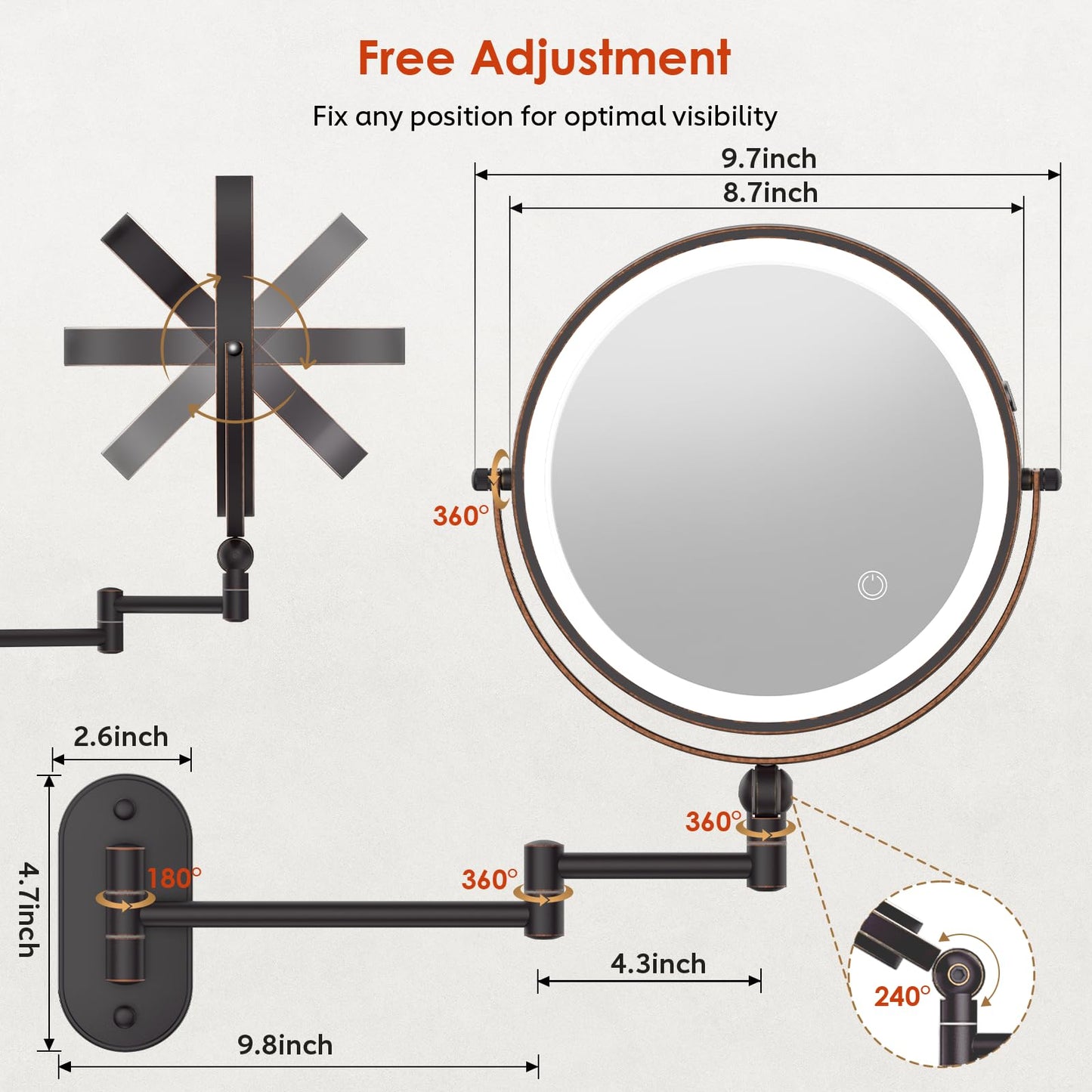 IMIKONA 9" Wall Mounted Lighted Makeup Mirror,4000mAh Rechargeable Double Sided 1X/10X Magnifying Mirror with Light,3 Color Lights,Touch Dimmable,Extended Arm 360 Rotation Wall Mounted Makeup Mirror