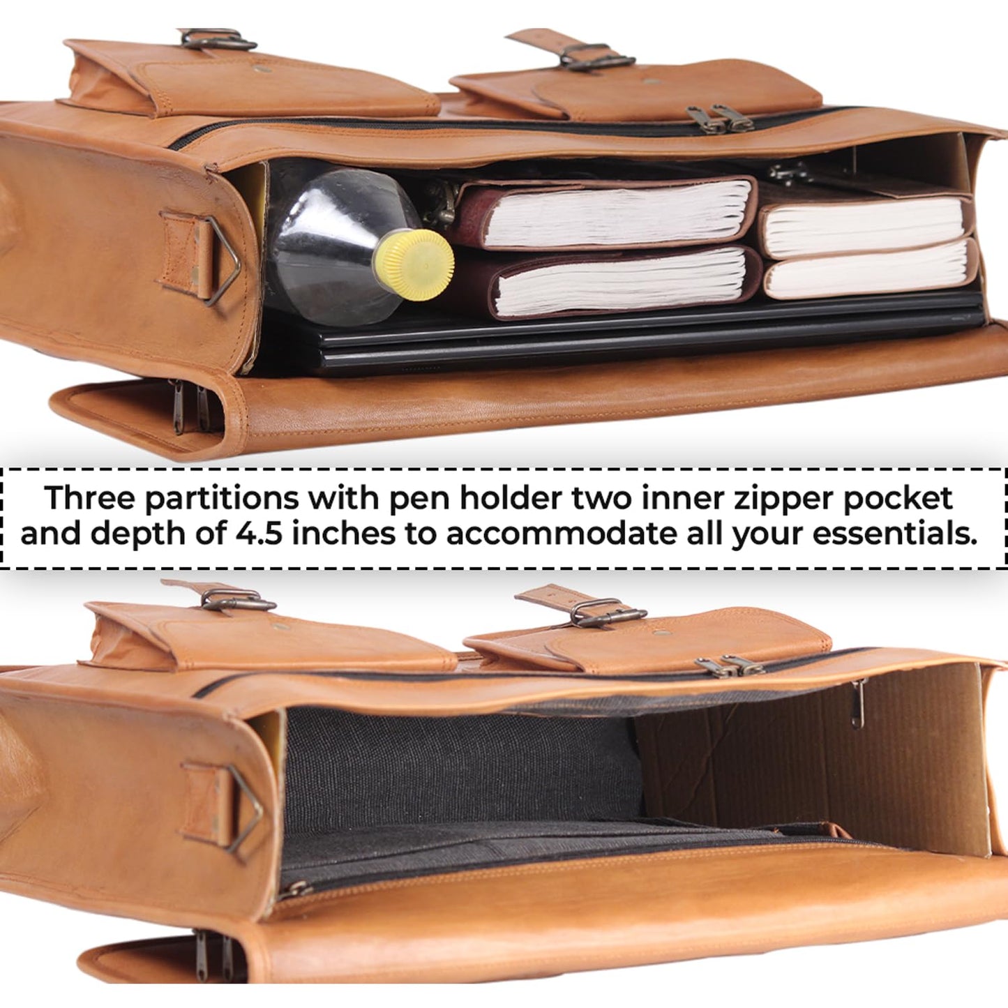 18 Inches Leather Laptop Bag for Men - Genuine Leather Briefcase, Vintage Look Messenger Bag (Tan)