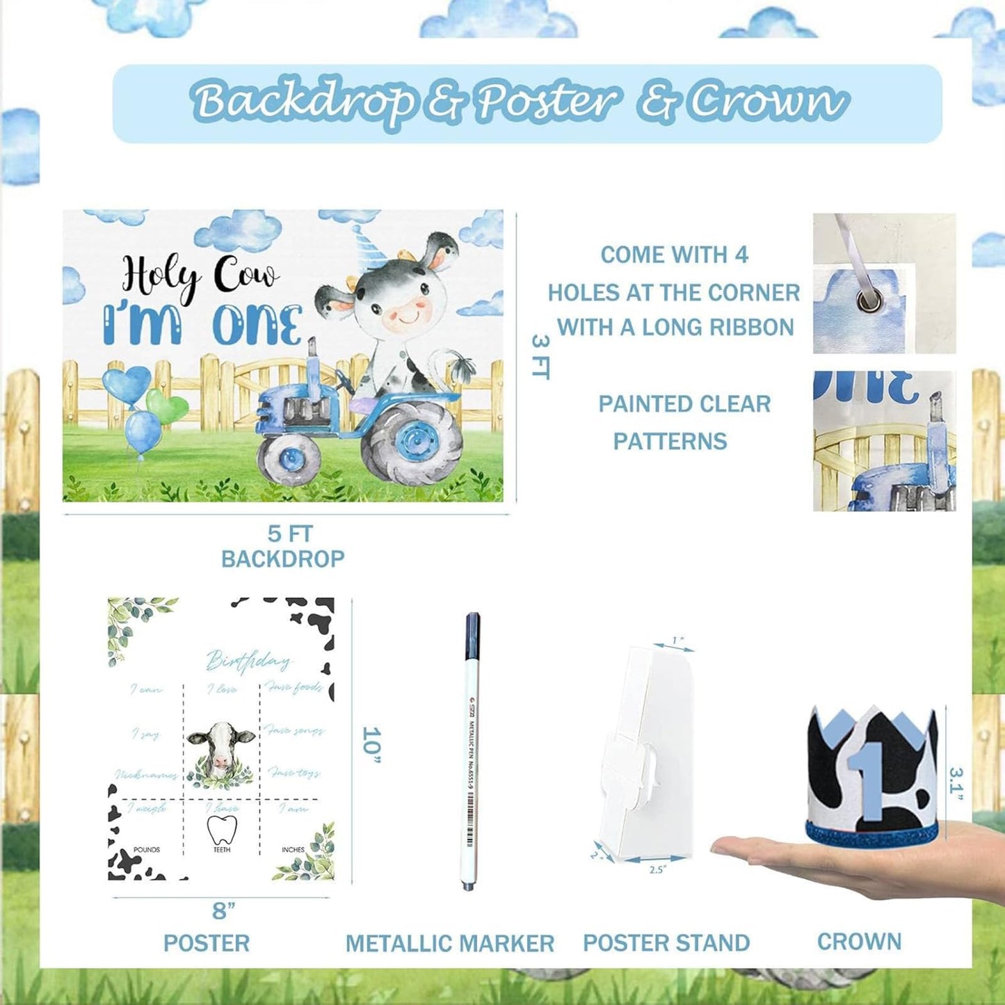 118 PCs Holy Cow Im One Birthday Decorations Boy, Hombae Cow First Party Decorations Backdrop Balloon Garland Monthly Photo High Chair Banner Cake Cupcake Topper Crown Box Poster White Black Blue