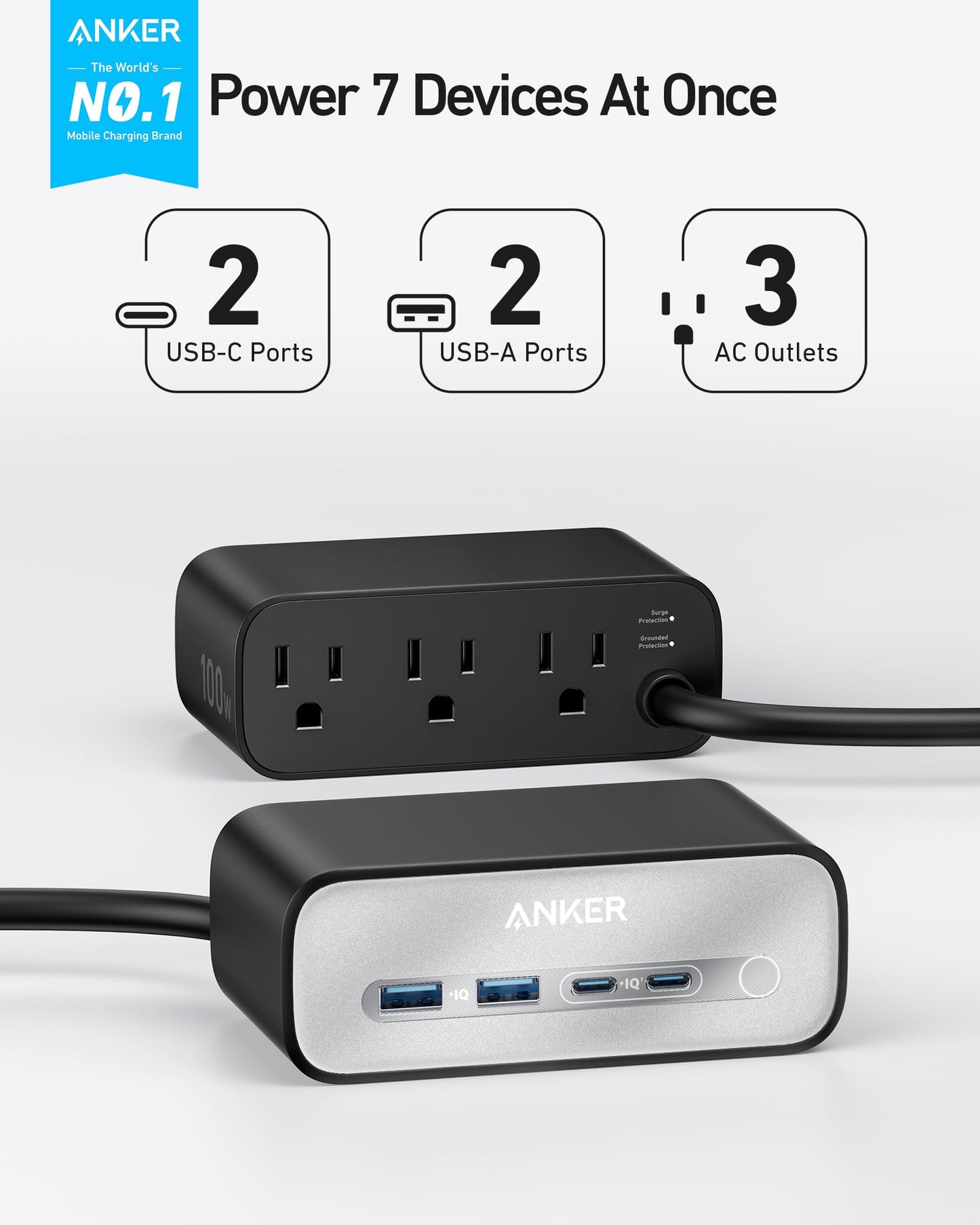 Anker Nano Charging Station(100W Max), 7-in-1 USB C Power Strip for iPhone 16/15/14 and MacBook Air/Pro, 5ft Thin Cord,3AC, 2USB A,2USB C,Power Delivery Desktop Accessory for Home&Office(Black)