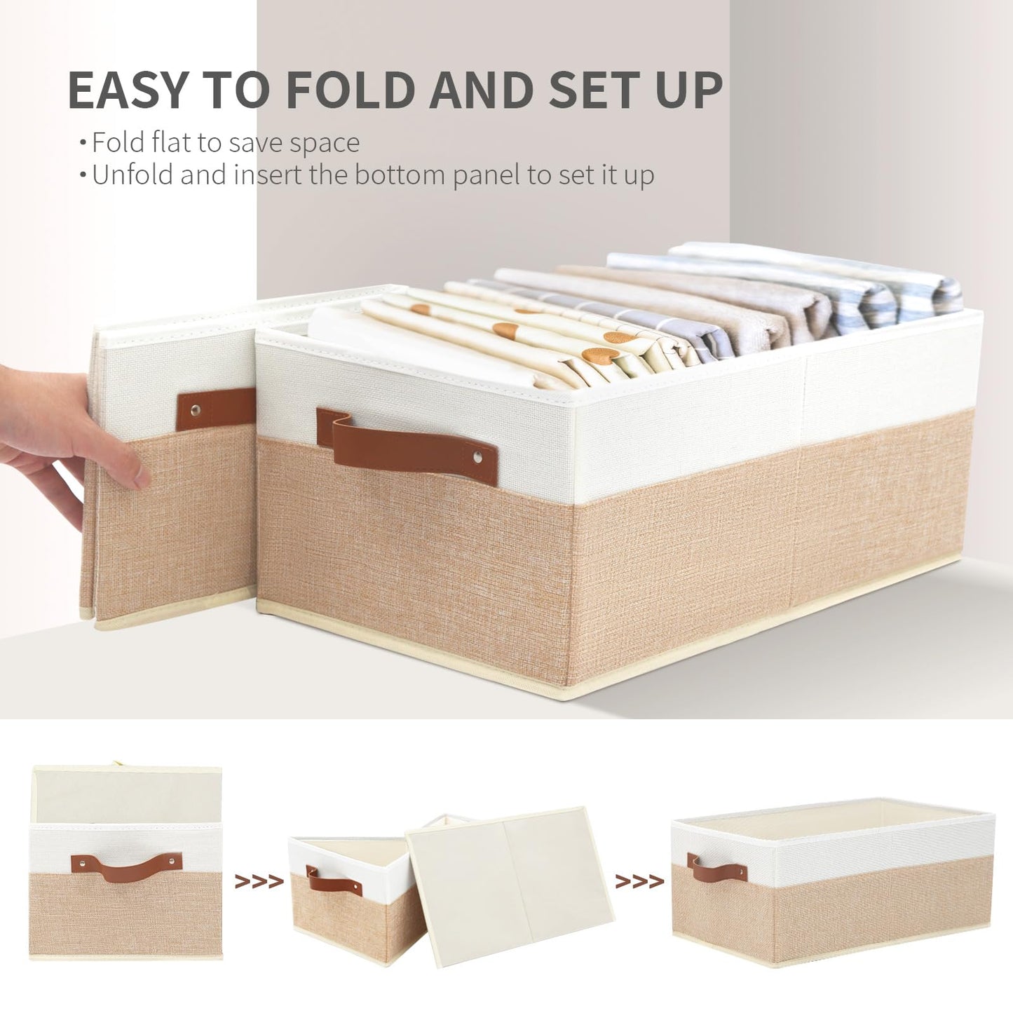 6 Pack Fabric Storage Bins, Large Storage Baskets for Shelves, Foldable Closet Organizer Storage Boxes with Leather Handles for Clothes, Sheets, Jeans, Toys, Books (Beige and White)