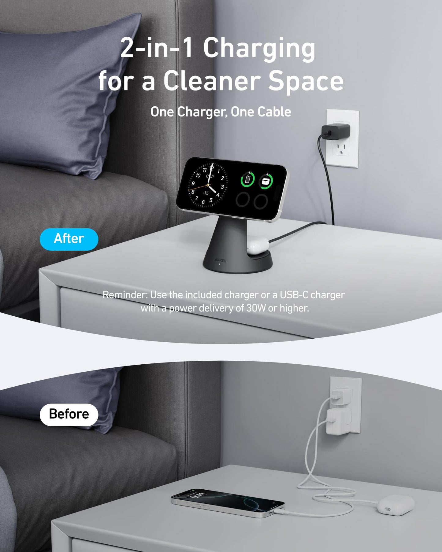 Anker MagSafe Compatible 2-in-1 Charging Stand, iPhone 16 Wireless Charger, Qi2 Certified 15W, Adjustable and Super Strong, for iPhone 16/15/14/13/12 Series, AirPods (40W USB C Adapter Included)