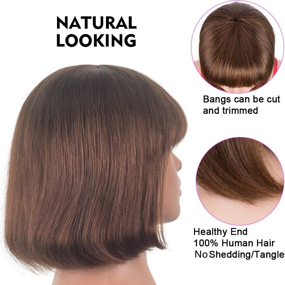 Rebasar Chocolate Brown Short Bob Wigs Human Hair Wear and Go Bob Wig With Bangs Human Hair Wigs for Black Women Human Hair Glueless Brazilian Straight Hair None Lace Front Wig Dark Brown 8 Inch