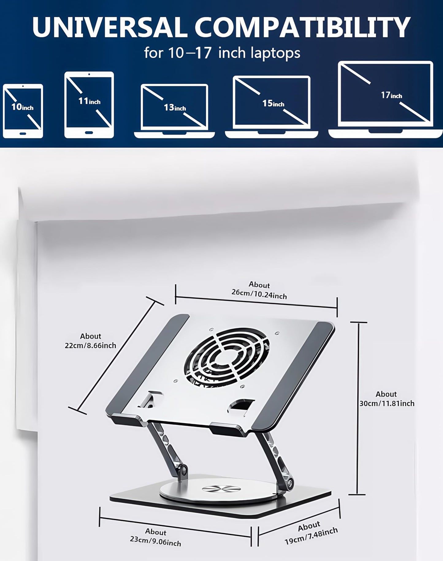 Laptop Stand with Cooling Fan,360°Rotatable Framework,Ergonomic Adjustable Riser for 10-17'' Gaming/Binge-Watching/Office Use - Silver