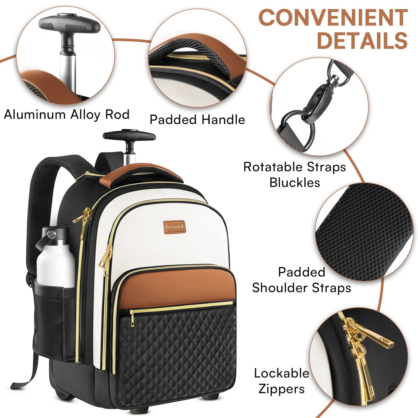 Arcoyard Rolling Backpack Carry On Luggage For Adults With Wheels, 40L Wheeled Backpack For Women, Travel Roller Bag, Beige Brown