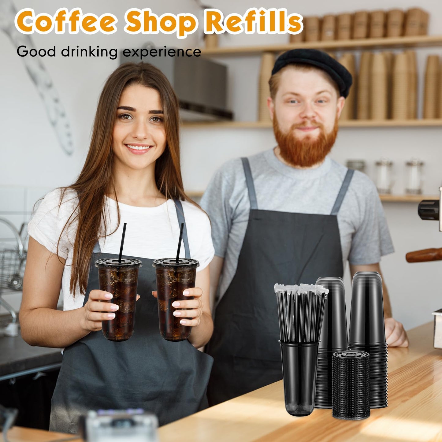 Ziliny 50 Set Clear Plastic Cups with Lids and Straws, PET Disposable Iced Coffee Cups for Drinking Cold Beverage Juice Parfait Smoothie Milkshake Shop Party Supplies (Black Cup & Straw,20 oz)