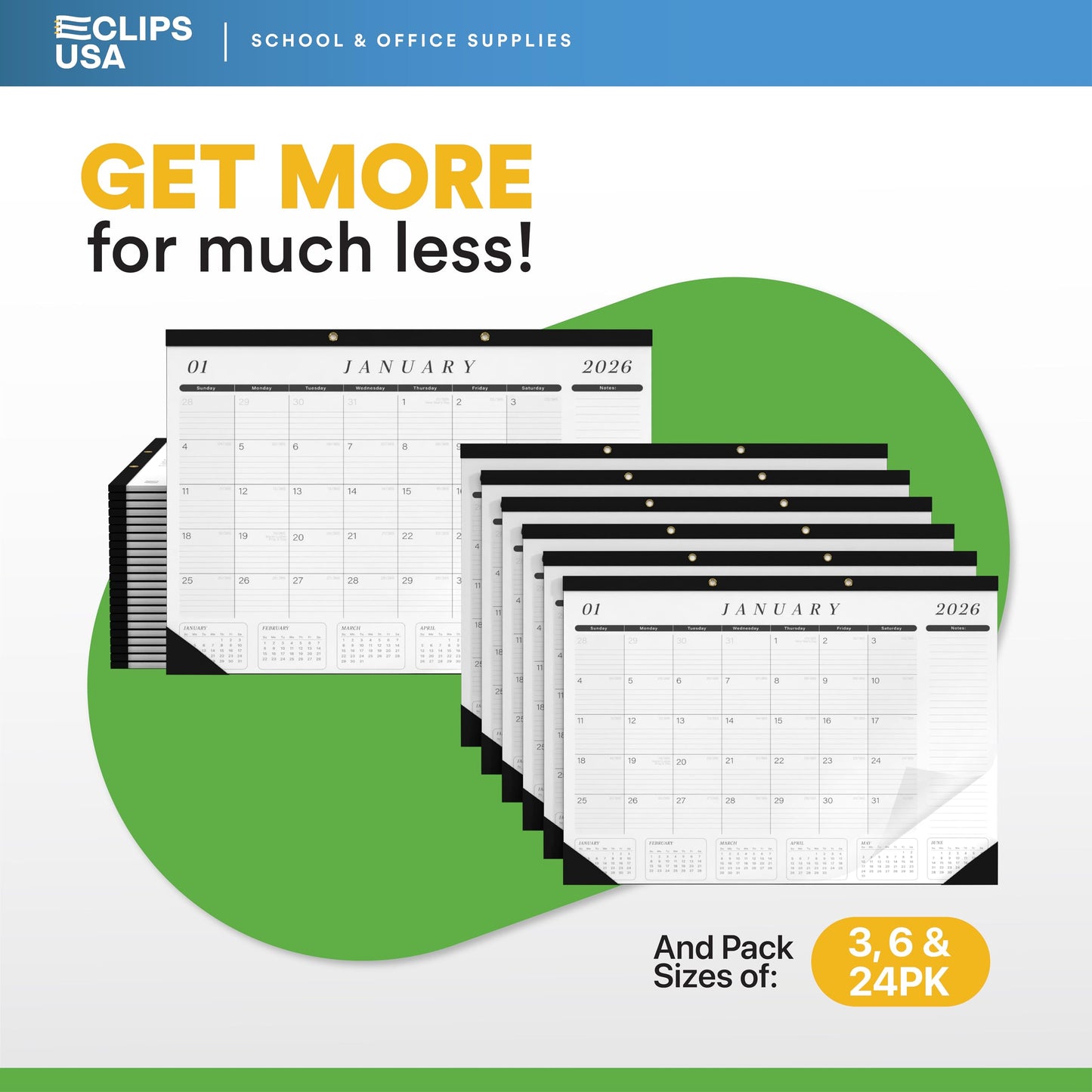 Desk Calendar 2026-2027 Large 22x17 Desk Calendar Jan 2026 - Jun 2027 Desk Blotter To-do List Planner (Black & White 6 Pack)