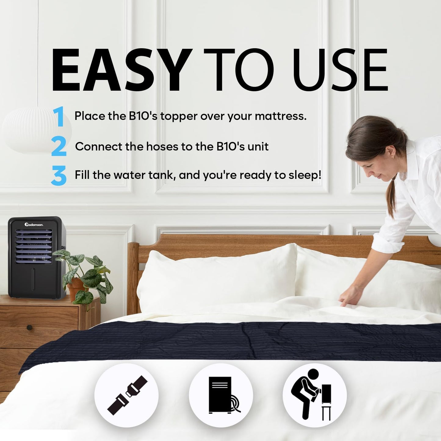 Adamson B10 Navy Blue Bed Cooling System - Twin 75” L x 39” W - 100% Cotton Mattress Cooling Bed Pad for Night Sweats - Water Bed Cooler - Ideal for Hot Sleepers - 5-Year Assurance