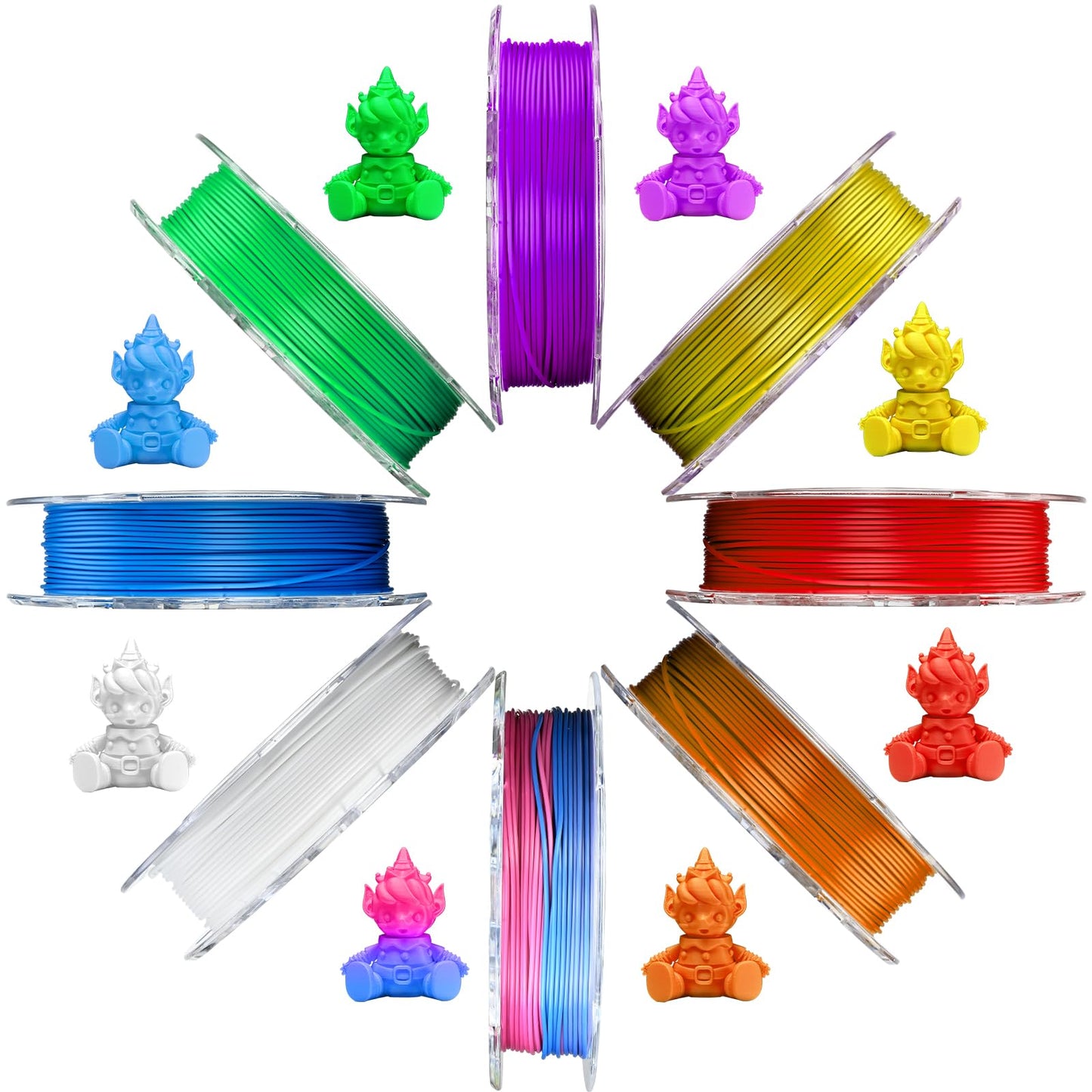 AOSEED 3D Printer Filament Bundle, 1.75mm (± 0.03 mm) PLA Filament Set for Most of 3D Printer,Purple/Green/Blue/Yellow/White/Iridescent/Red/Orange, 200g/0.44lbs x 8 Spools Pack