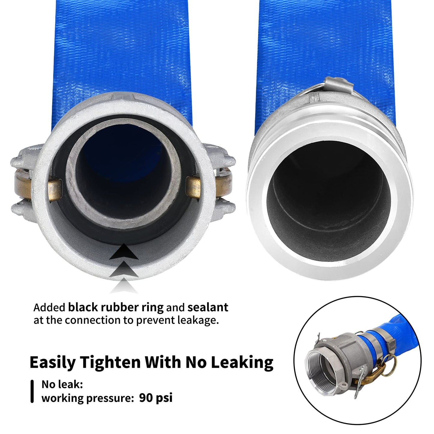 2" x 50ft PVC Lay Flat Discharge Hose With Aluminum Camlock C & E Fittings, Cam Lock Fitting Type A included, Heavy Duty Reinforced Pump Backwash Hose Assembly