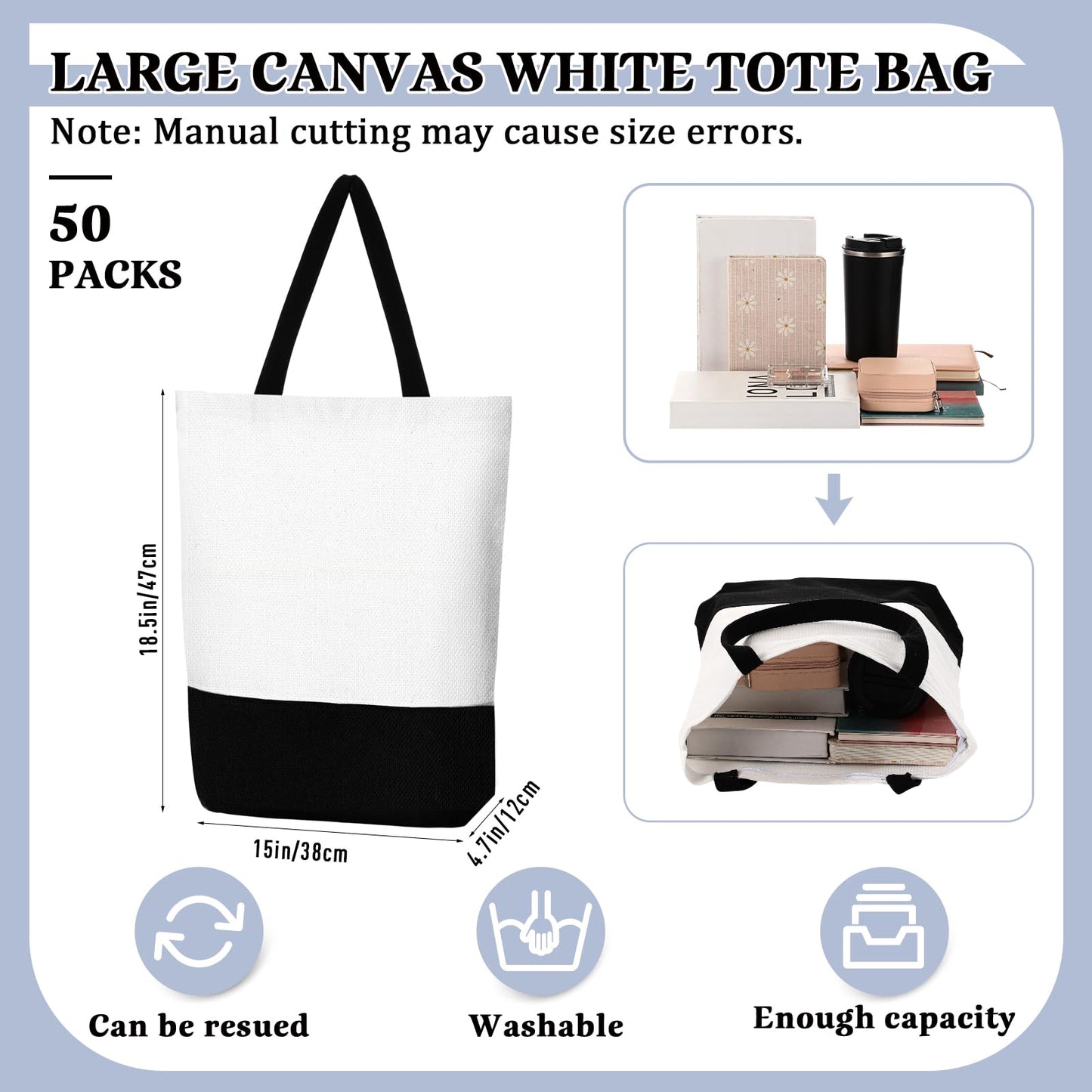 50 Pieces Large Canvas Tote Bags Reusable Sublimation Blank Plain Bags Bulk with Zipper for DIY Crafts Shopping Women Teacher(Vertical Large Bag)
