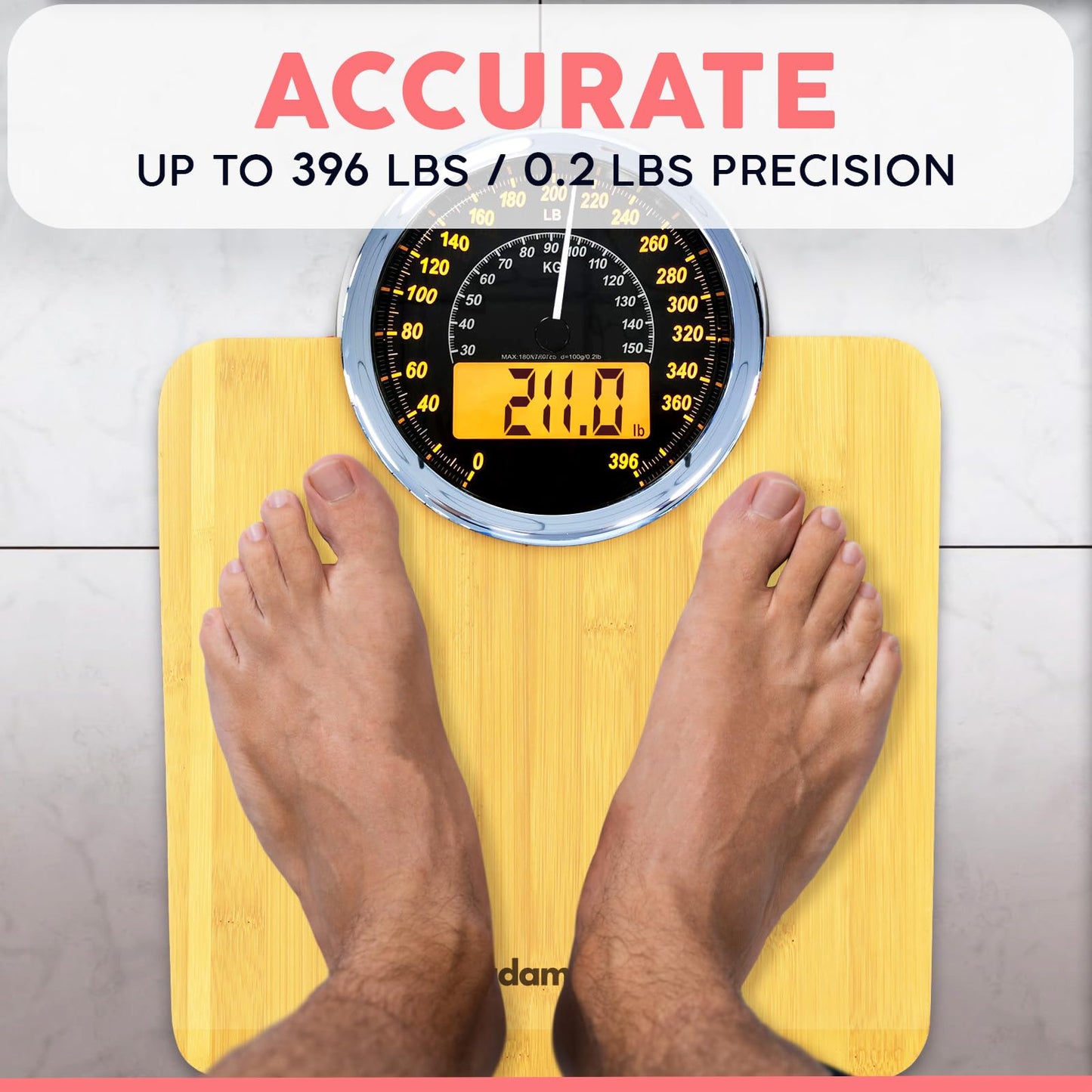 Adamson Hybrid 2-in-1 Analog & Digital Weighing Scale for Body Weight up to 400lbs + Thick Tempered Glass + Extra Large Display + Easy to Read Digital Bathroom Scale + New - Wood