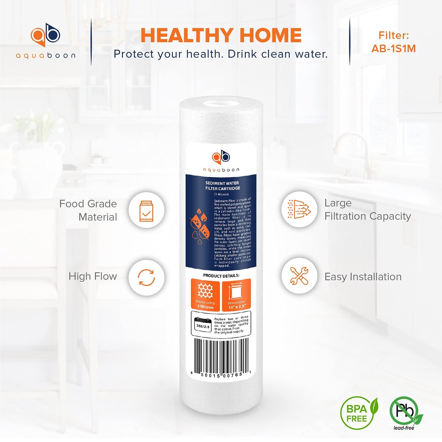 Aquaboon 1 Micron Whole House Sediment Filter 10 x 2.5 for RO & Well Water Filters Replacement Cartridges Compatible with AP110, WHKF-GD05, 25 Pack