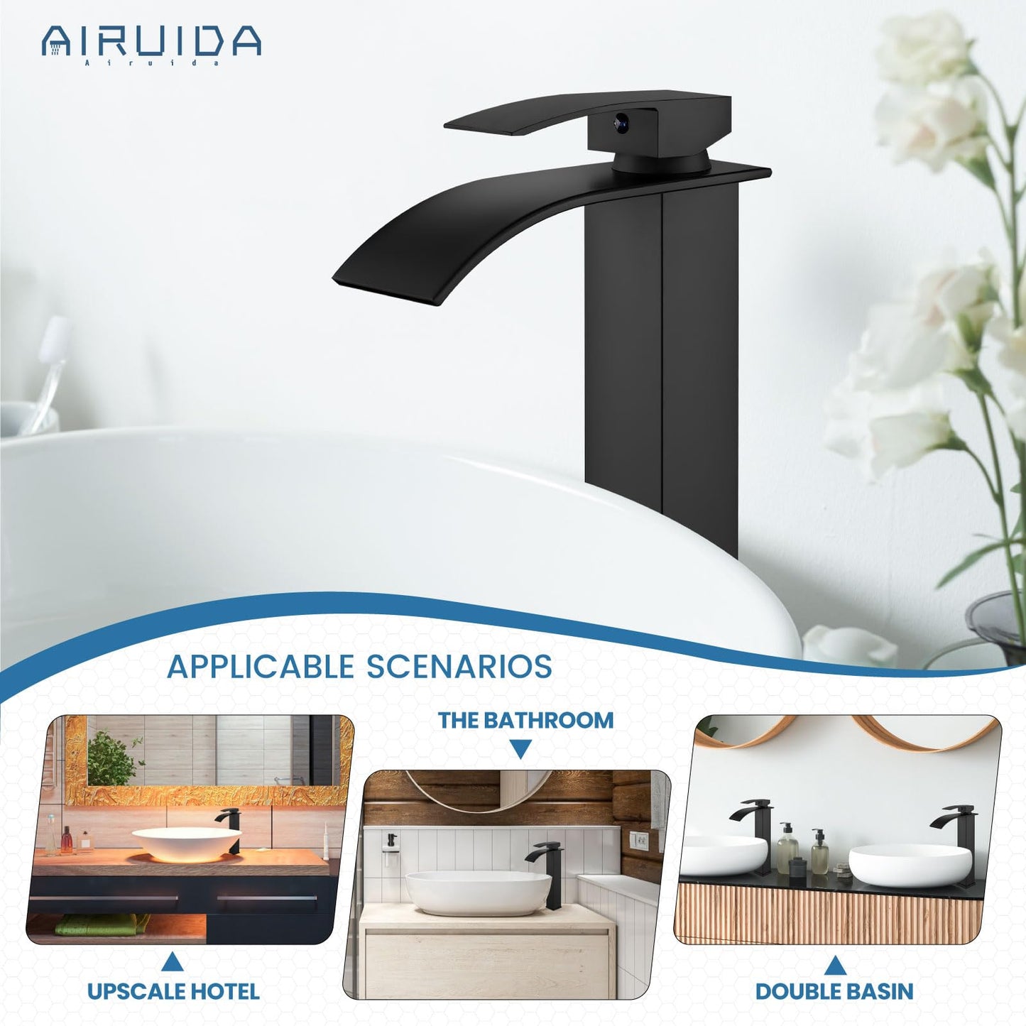 Airuida Vessel Sink Faucet, Matte Black Waterfall Spout Bathroom Faucet, Tall Single Handle One Hole Bowl Mixer Tap, Waterfall Spout Lavatory Vanity with Pop Up Drain