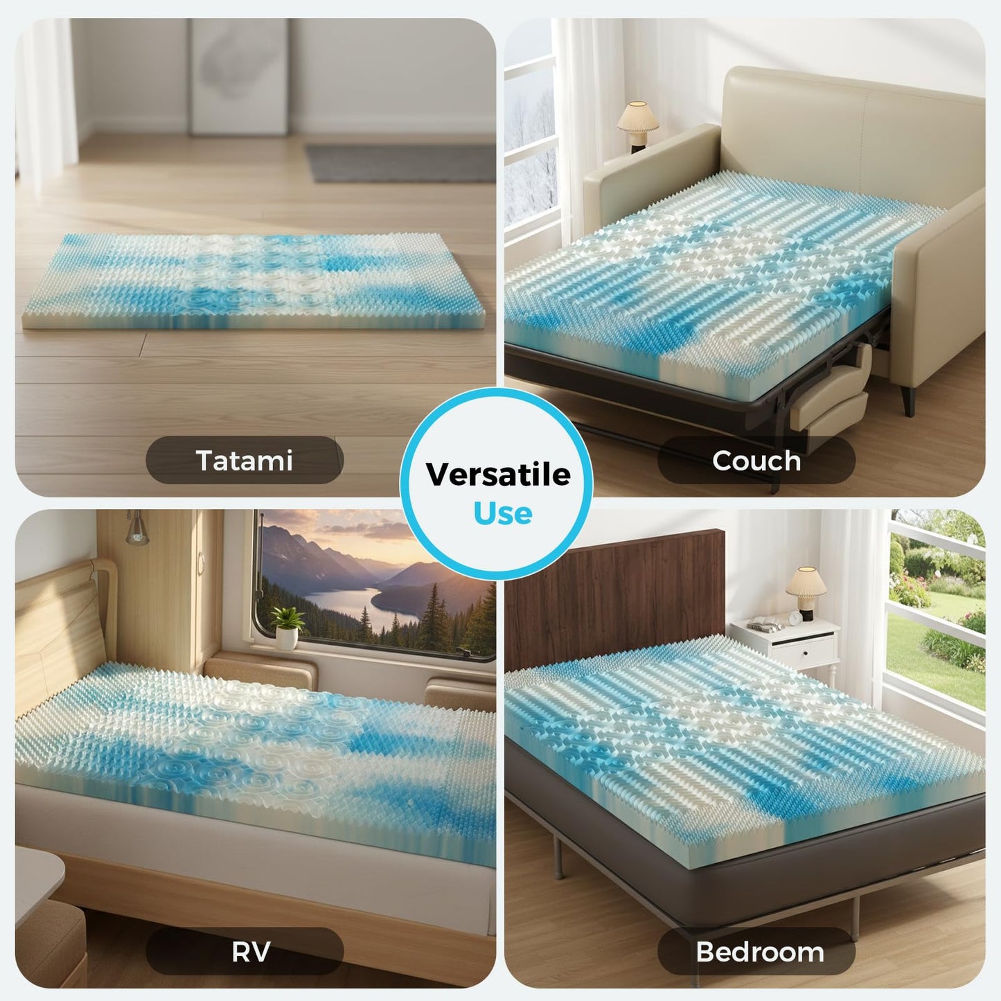 DUMOS 4 Inch Memory Foam Mattress Topper Queen, 5-Zone Cooling Gel Infused Pressure Relief Mattress Pad for Back & Hip Pain, Soft Dorm RV Camping Bed Topper, Blue