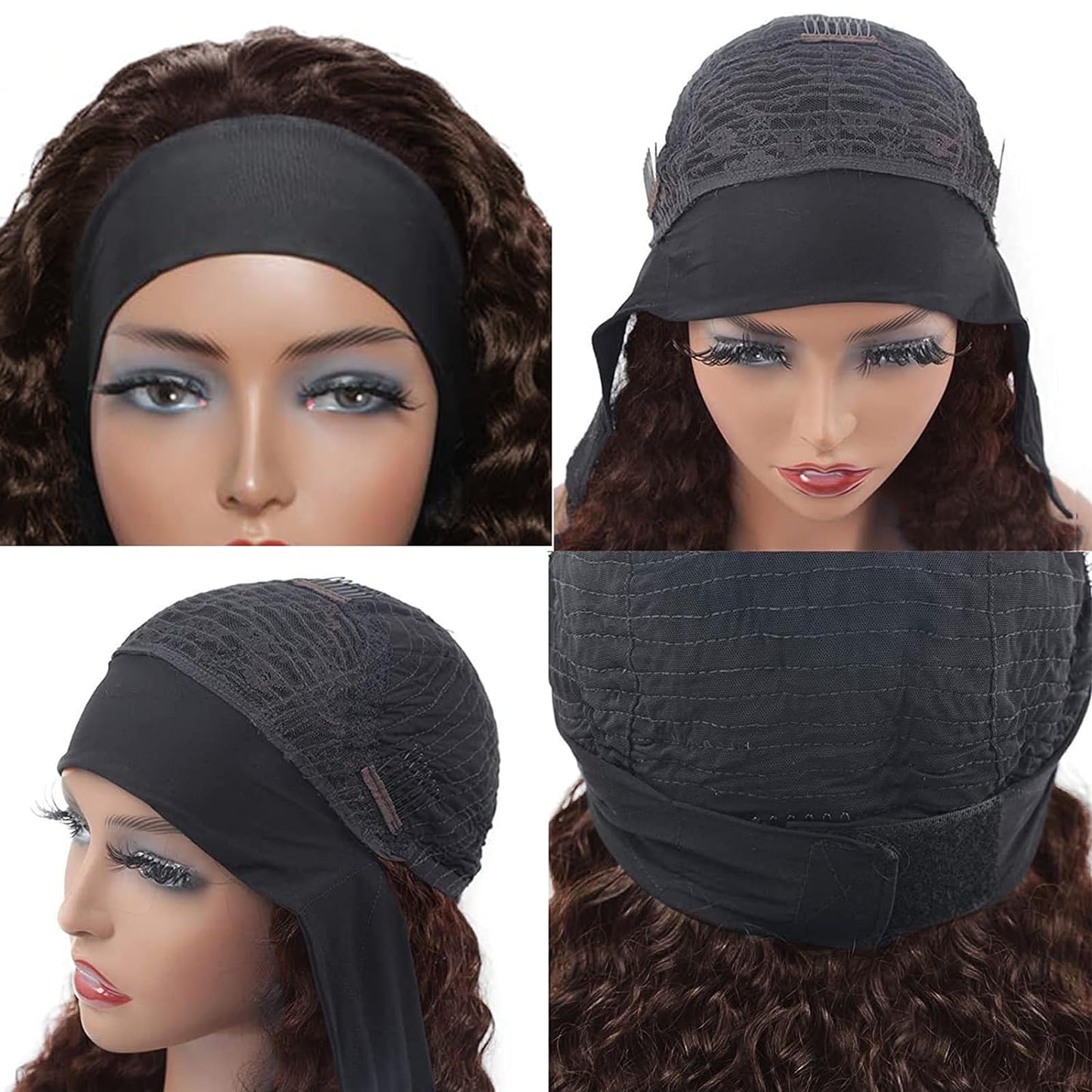 Aiterina Headband Wig Human Hair Headband Wig Deep Wave Human Hair Wigs for Black Women Glueless Human Hair Wigs Machine Made 150% Density No Lace Deep Headband Wig Chocolate Brown 12 inch