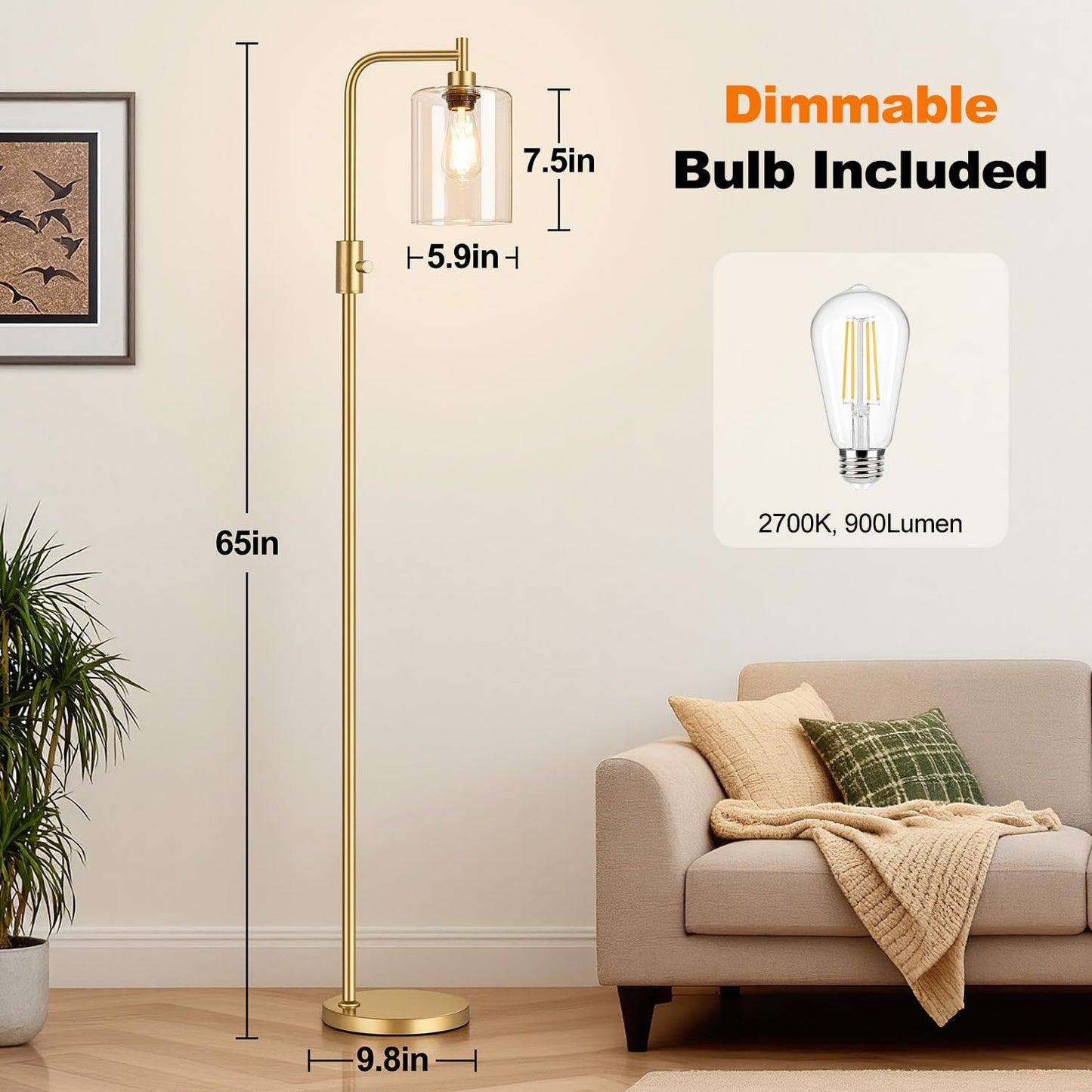 【Upgraded】Dimmable Gold Floor Lamp for Living Room with Clear Glass Lampshade, Glass Modern Floor Lamp with 900LM Edison Bulb Included, Standing Tall Lamp for Bedroom, Office, Reading Room, Corner