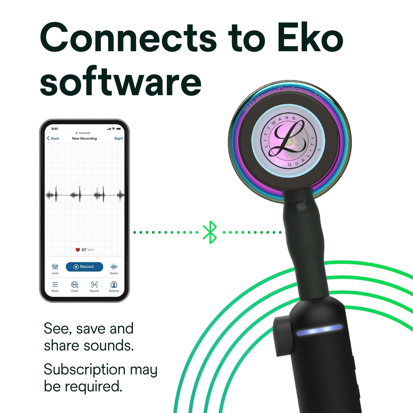3M Littmann CORE Digital Stethoscope, Our Most Advanced Stethoscope Yet, Up To 40x Amplification, Active Noise Cancellation, In-App Sound Wave Visualization, High Polish Rainbow Chestpiece, 8570