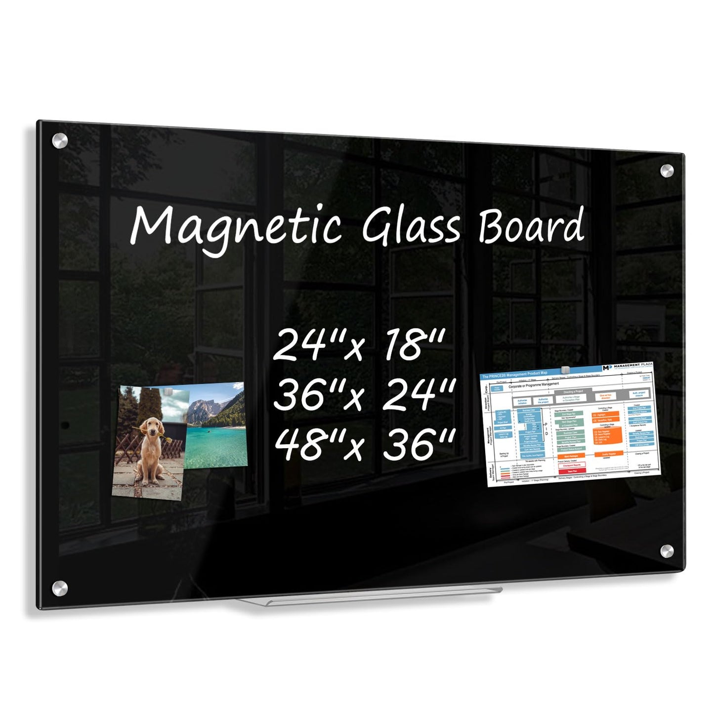 AMUSIGHT Black Dry Erase Board, 48'' x 36'' Magnetic Large Black Glass Board Frameless Wall Mounted Glass Whiteboard for Office, School & Home with 1 Acrylic Marker Tray & 3 Strong Magnet