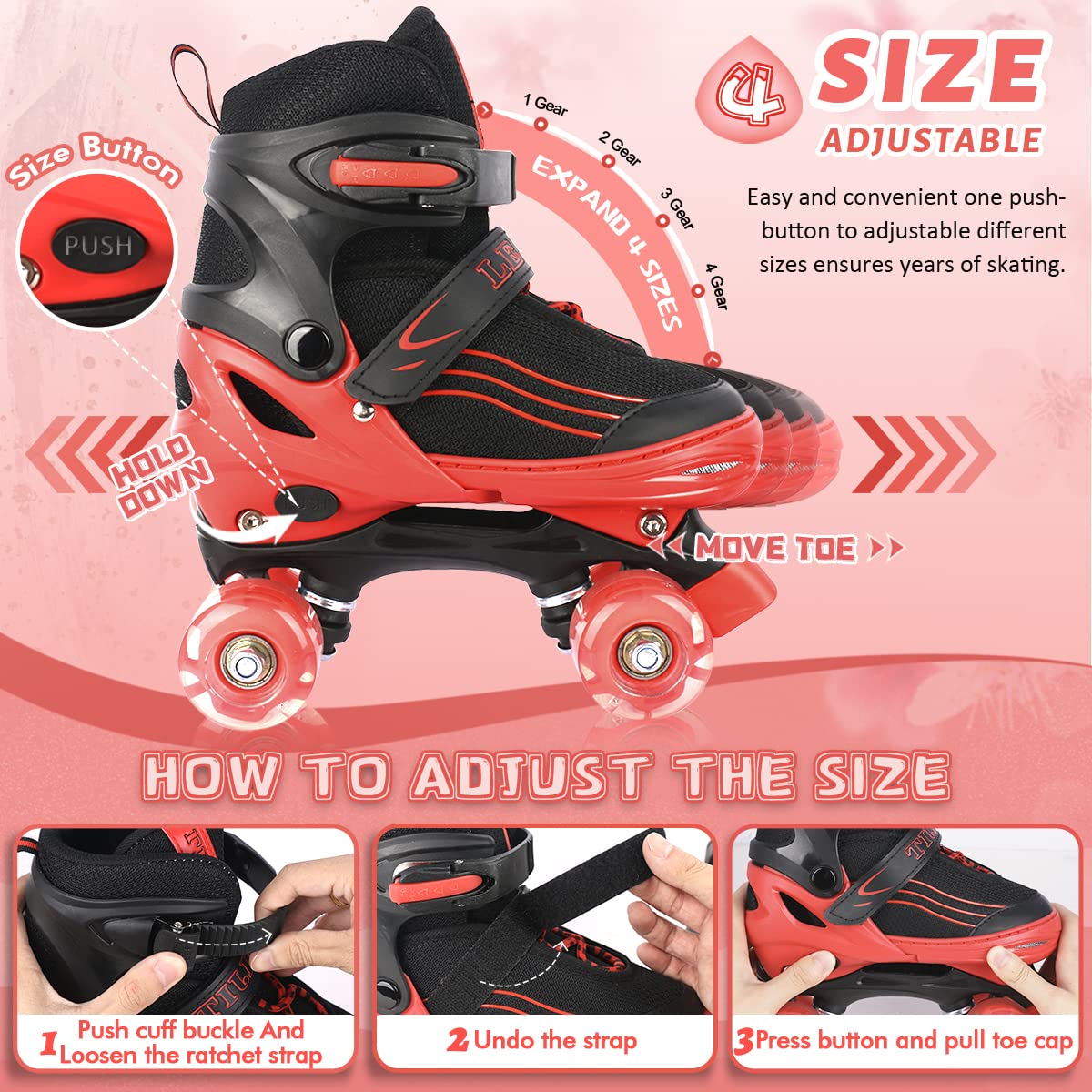 LEJIJIT Adjustable Roller Skates for Boys Girls Toddler Ages 3-12, 4 Sizes for Kids and Youth Adult with Light Up Wheels, Black Red Roller Skates for Sports. (Toddler 7C-10C)