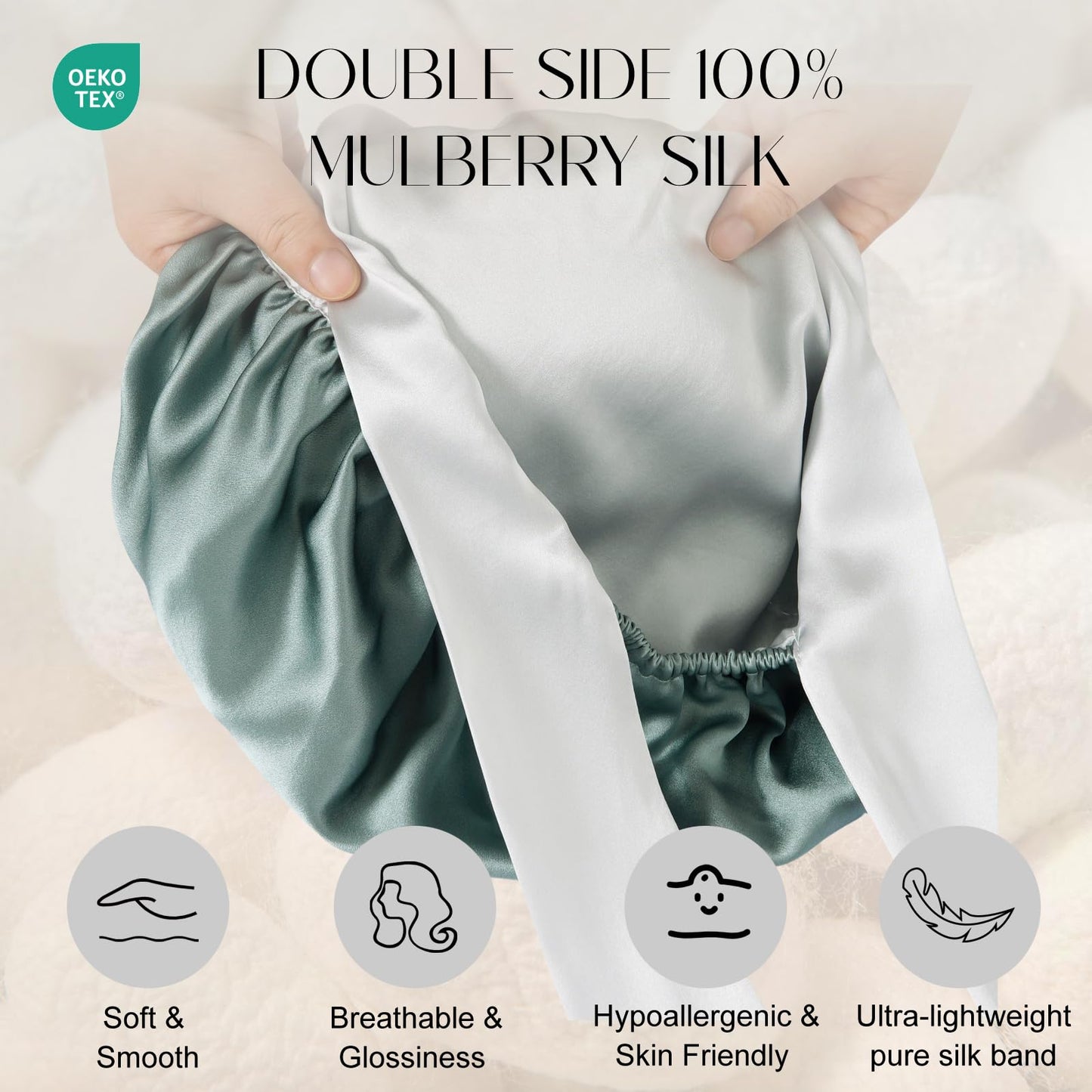 ZIMASILK 100% Mulberry Silk Bonnet for Sleeping Women Long Hair Double Layer Silk Hair Wrap with Silk Tie Band Natural Silk Cap for Hair Care Stay on Head (1Pc, Grayishgreen + Lightgrey)