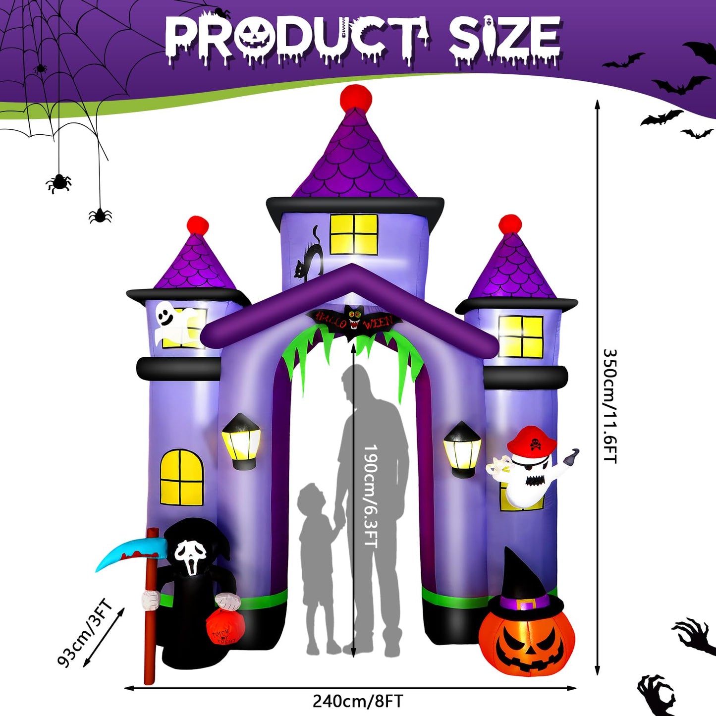 Alupssuc 11.6FT Halloween Inflatable Arch Outdoor Decoration with Built-in LEDs Lights, Large Blow Up Purple Castle Archway with Ghost & Pumpkin for Outside/Indoor Xmas,Yard,Garden,Lawn,Holiday Decor
