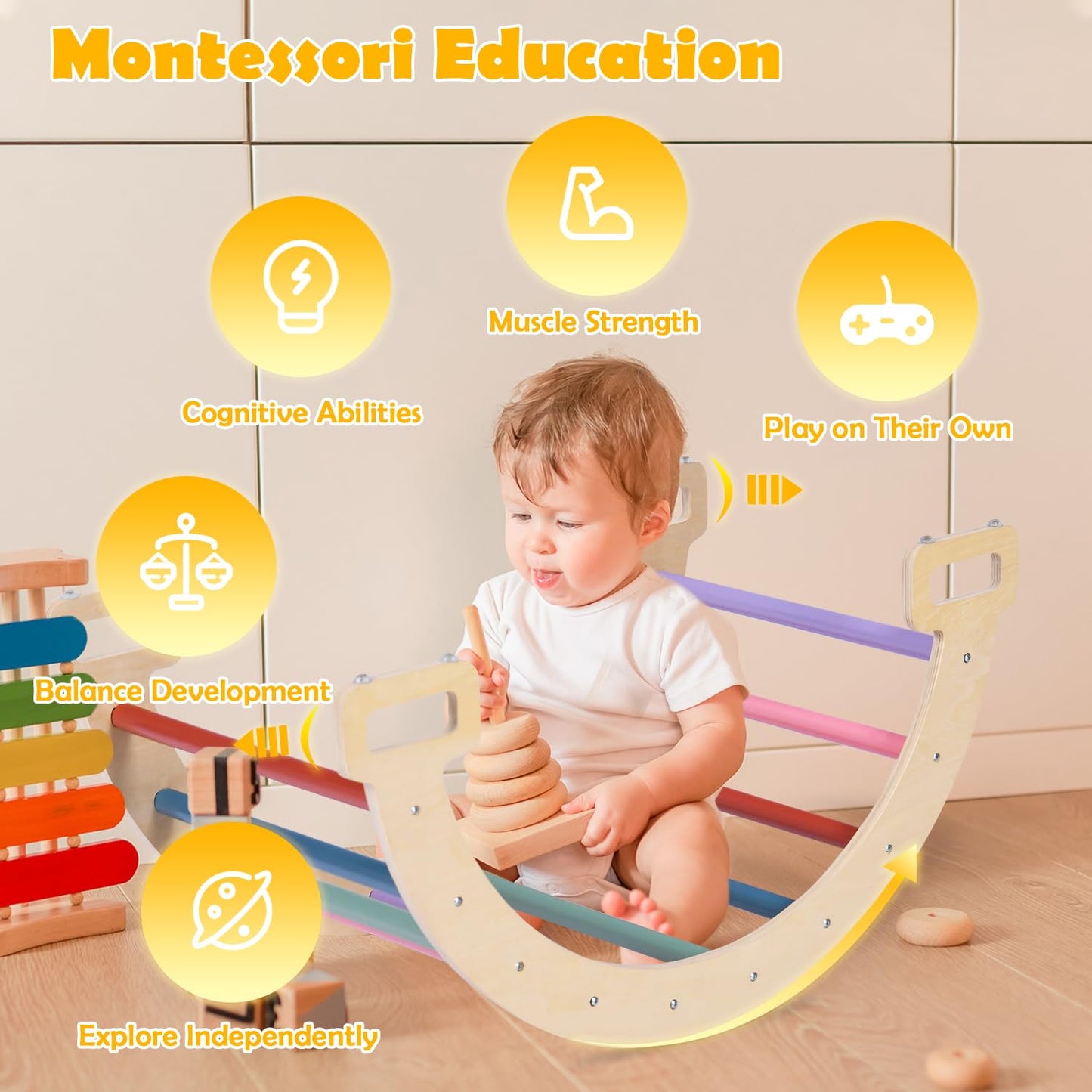 7 in 1 Wooden Pikler Triangle Set, Foldable Indoor Toddler Climbing Toys, Montessori Climbing Set for Children with Arch, Ramp, Ladder, Jungle Gyms for Kids, Baby Sensory Toys